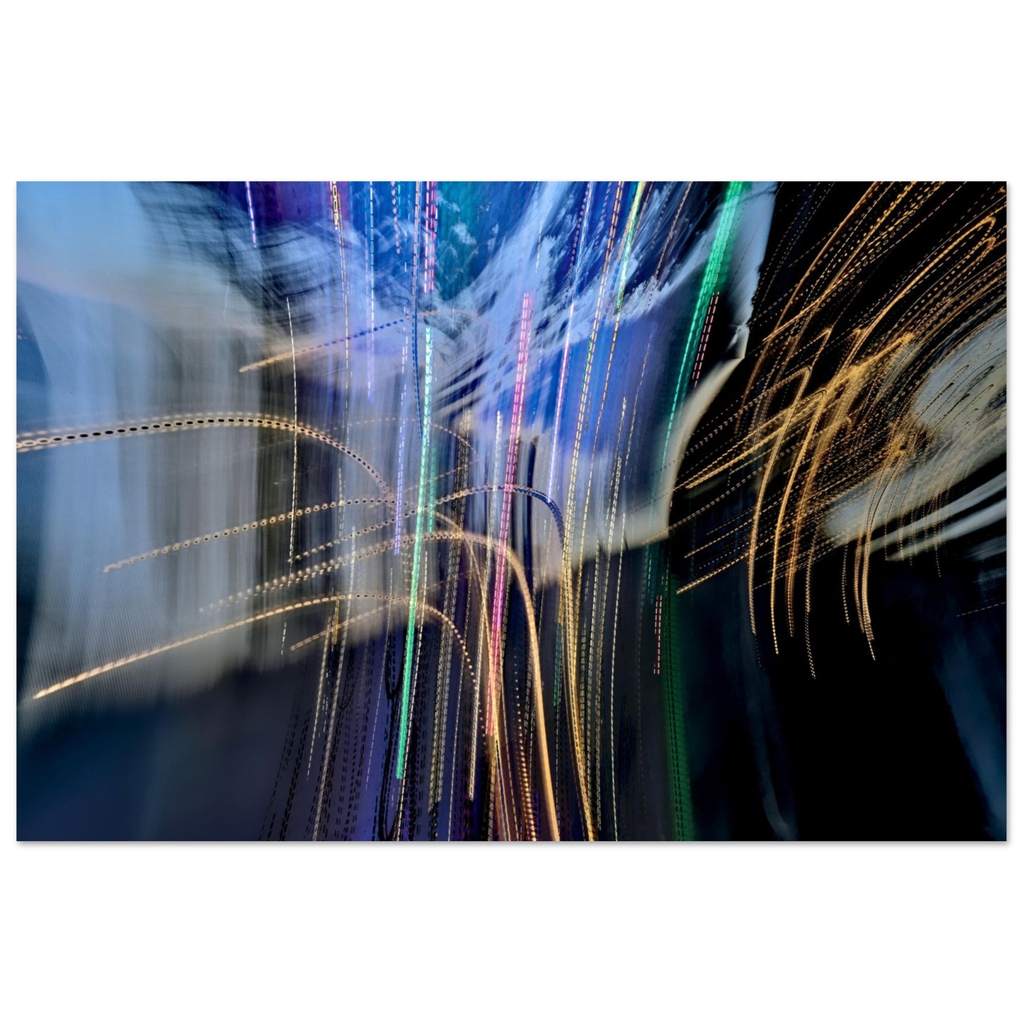 Abstract Photographic Print showcasing mesmerizing swirls of vibrant colors resembling a cosmic dance in colors of orange, black, gray, green, pink, purple, peach and shades of blue by Allison Cartwright of Found Art Studio