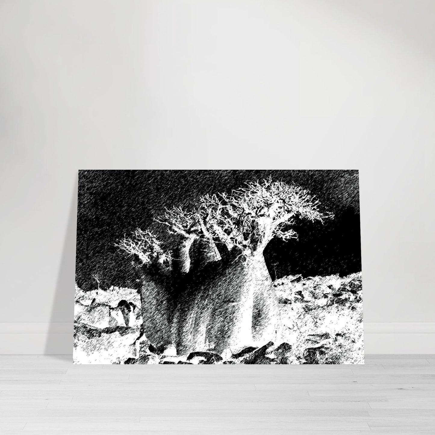 Black and White Photographic Print of Original Scratch Art. Strange Rootball Plant. by Allison Cartwright at Found Art Studio