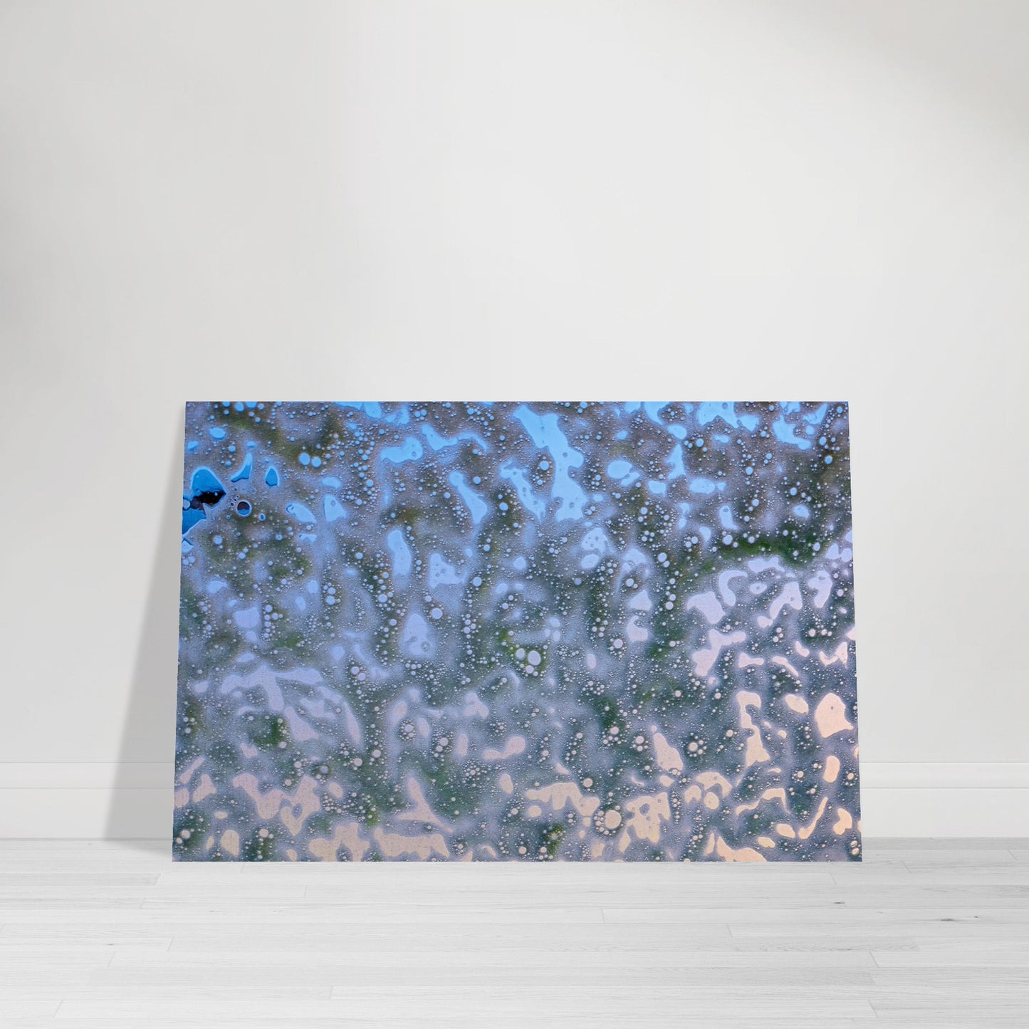 Photographic Print of an abstract pattern of colors and amoeba like shapes - colors are light tan, blue, and green - by Allison Cartwright, Found Art Studio