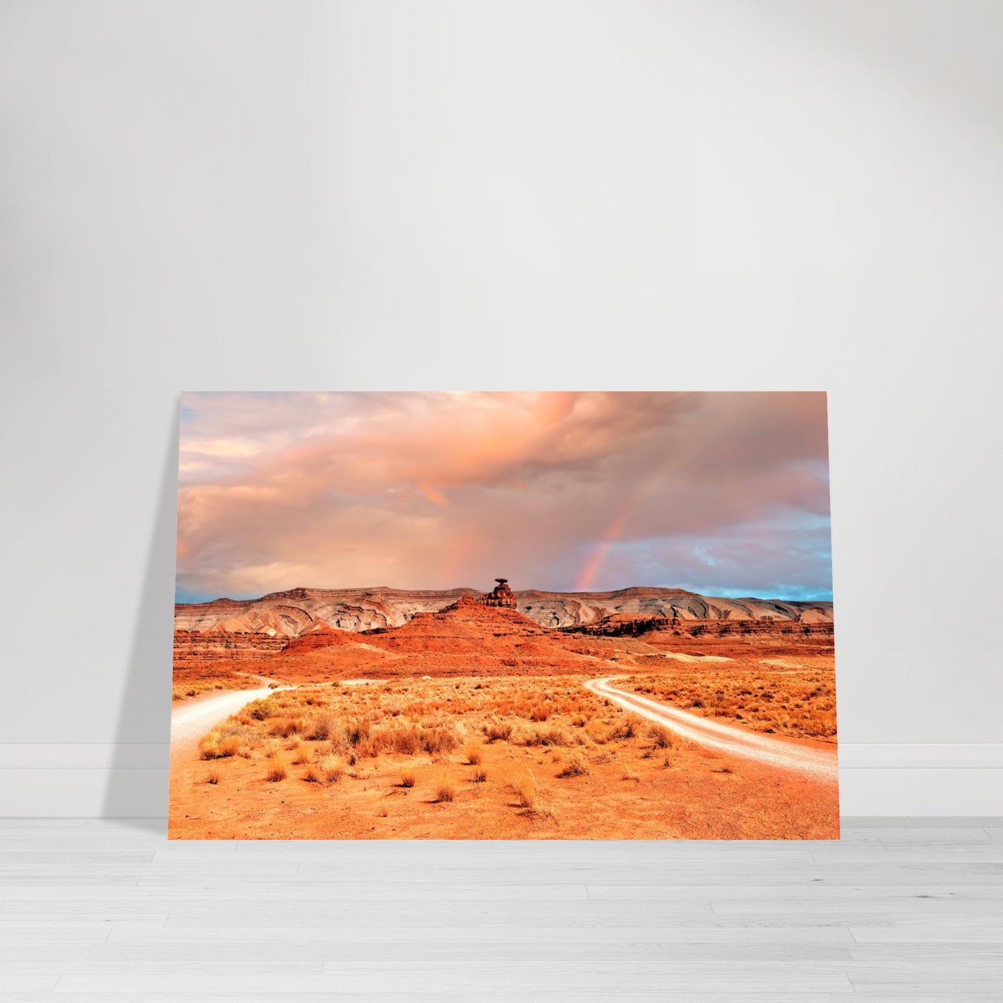 Photographic Print of Mexican Hat Rock near Monument Valley Utah with Moody Cloudy Sky with a Rainbow in Blue, Orange and Pink by Allison Cartwright Found Art Studio
