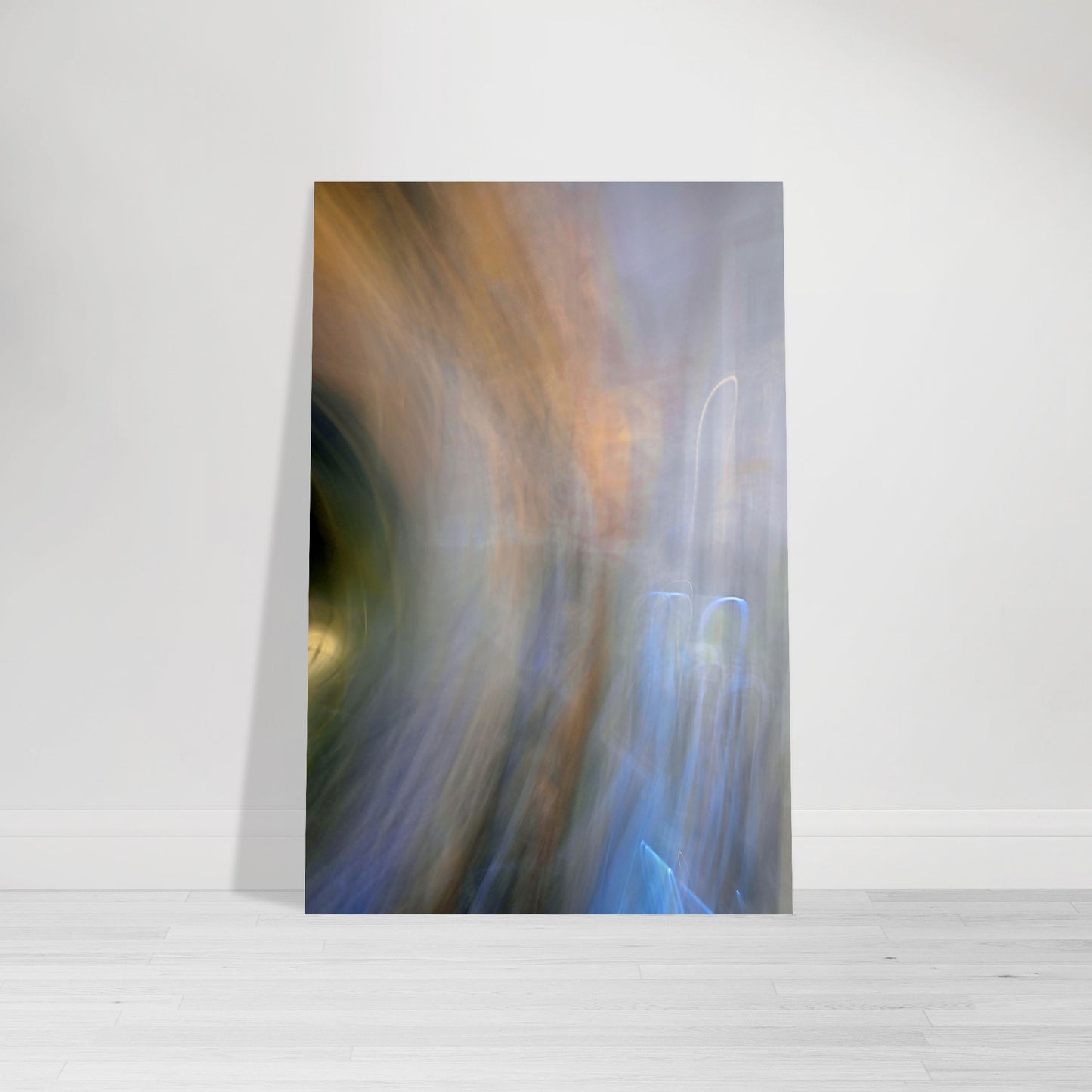 Abstract Photographic Print showcasing mesmerizing swirls of vibrant colors resembling a cosmic dance in colors of blue, orange, pink, red, orange, white, gray and black by Allison Cartwright of Found Art Studio