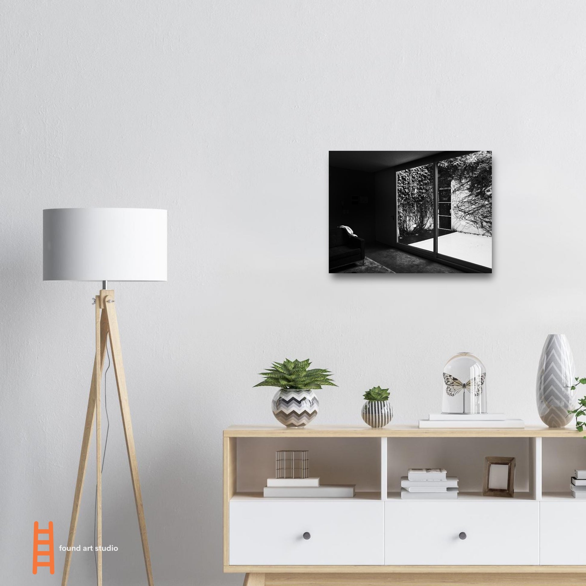 Photographic Print of a Dramatic Black and White Chair facing a Courtyard  Scene by Allison Cartwright Found Art Studio