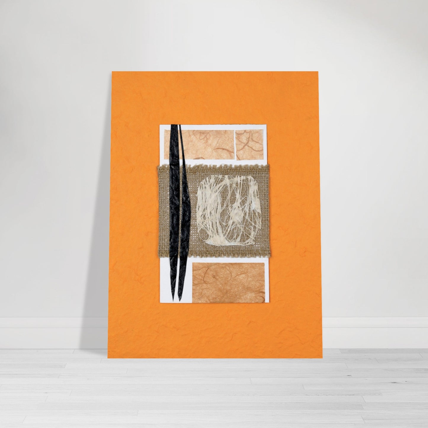 Photographic Print of an original Paper Art Collage design mid-century style - colors are white, black, orange and tan - by Allison Cartwright, Found Art Studio