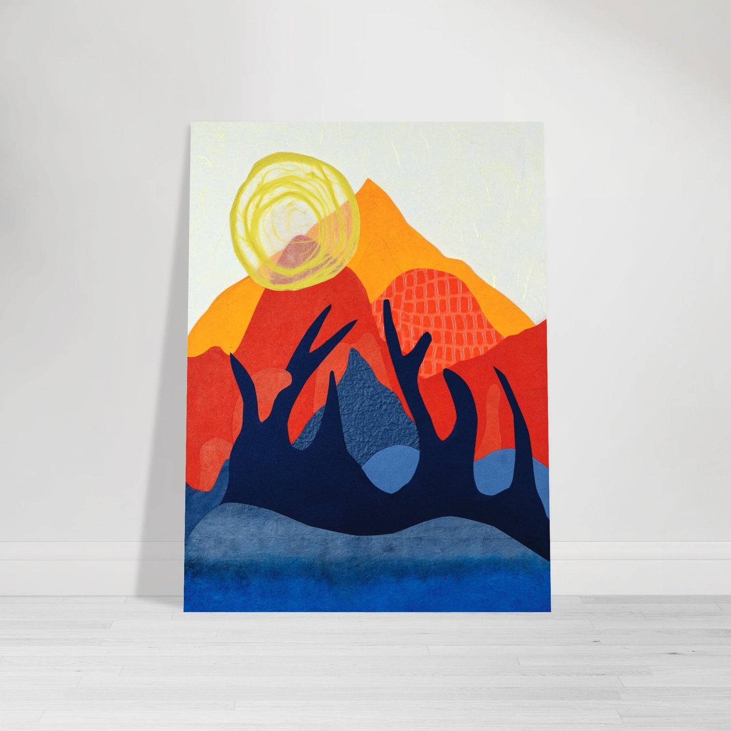 Photographic Print of a Tranquil Mountain Landscape Paper Collage in Yellow, Orange, and Blue by Allison Cartwright at Found Art Studio