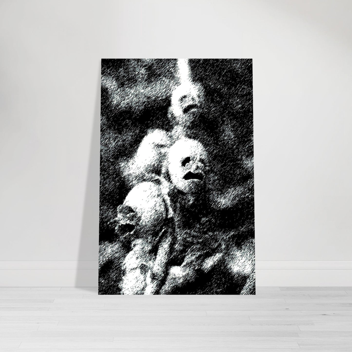 Black and White Photographic Print of Original Scratch Art. Strange Vine with Faces. by Allison Cartwright at Found Art Studio