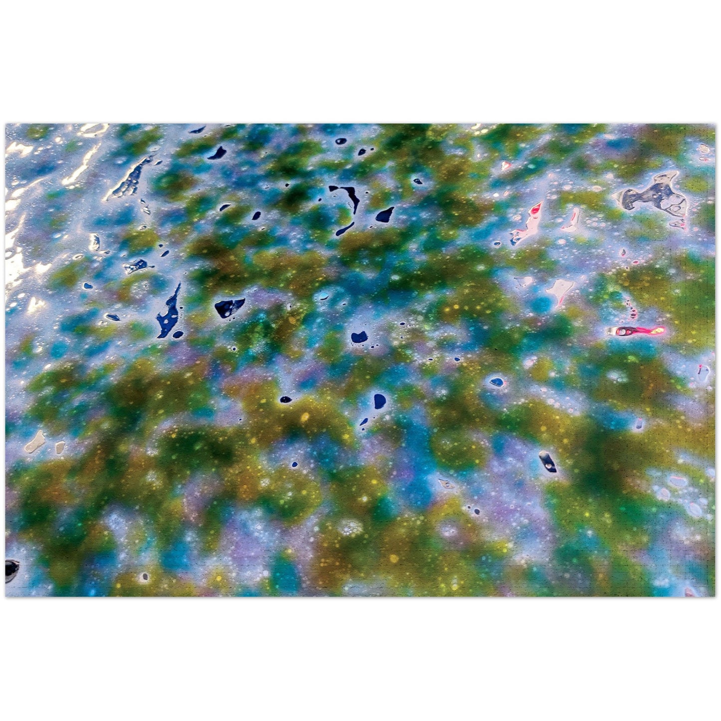 Photographic Print of an abstract pattern of colors and amoeba like shapes - colors are white, blue, green, purple and pink - by Allison Cartwright, Found Art Studio