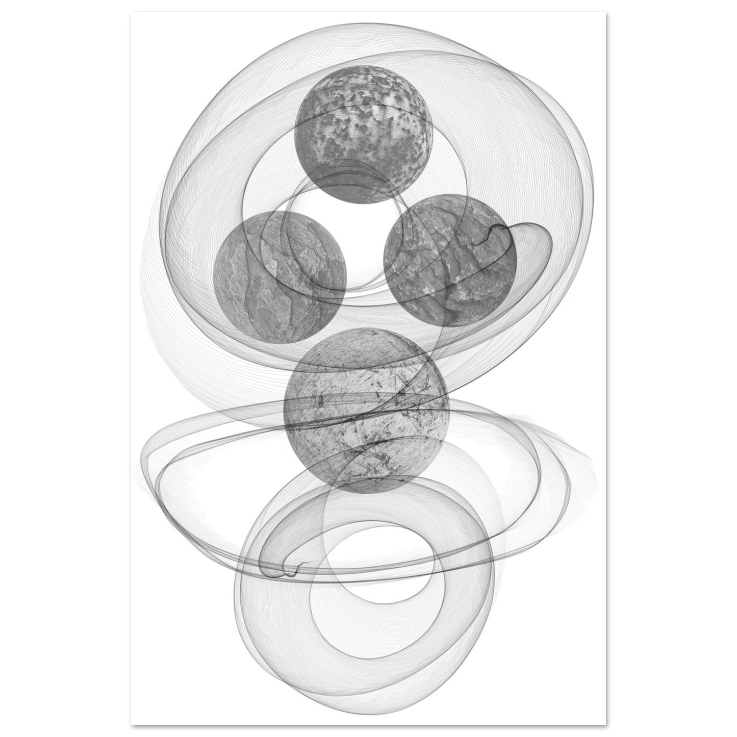 Digital Art Print that merges planets, smoke and shadows in blacks and grays on a white background by Allison Cartwright Found Art Studio.
