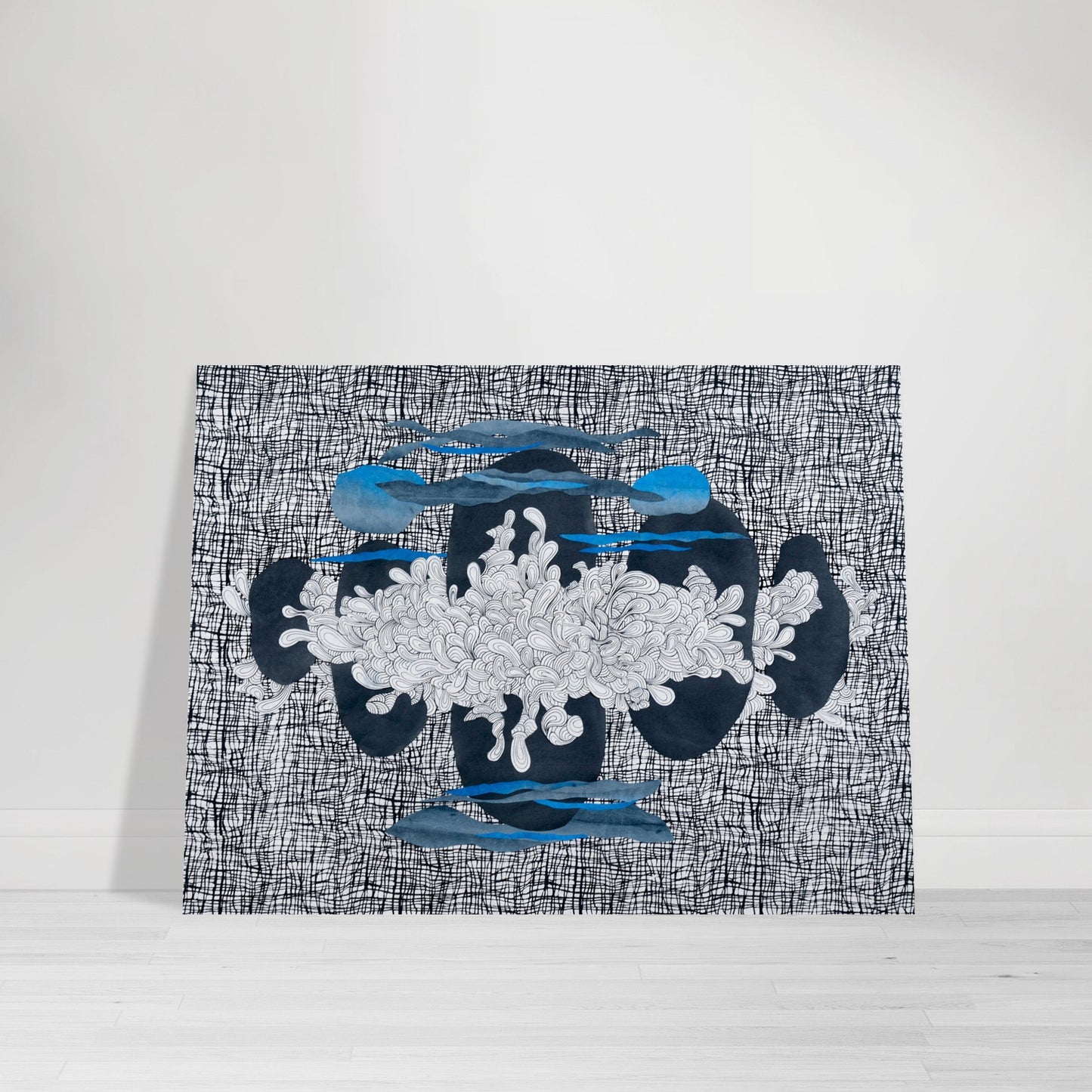 Photographic Print of an original Paper Art Collage design mimicking clouds in an abstract format - colors are white, black, blue gradient and navy - by Allison Cartwright, Found Art Studio