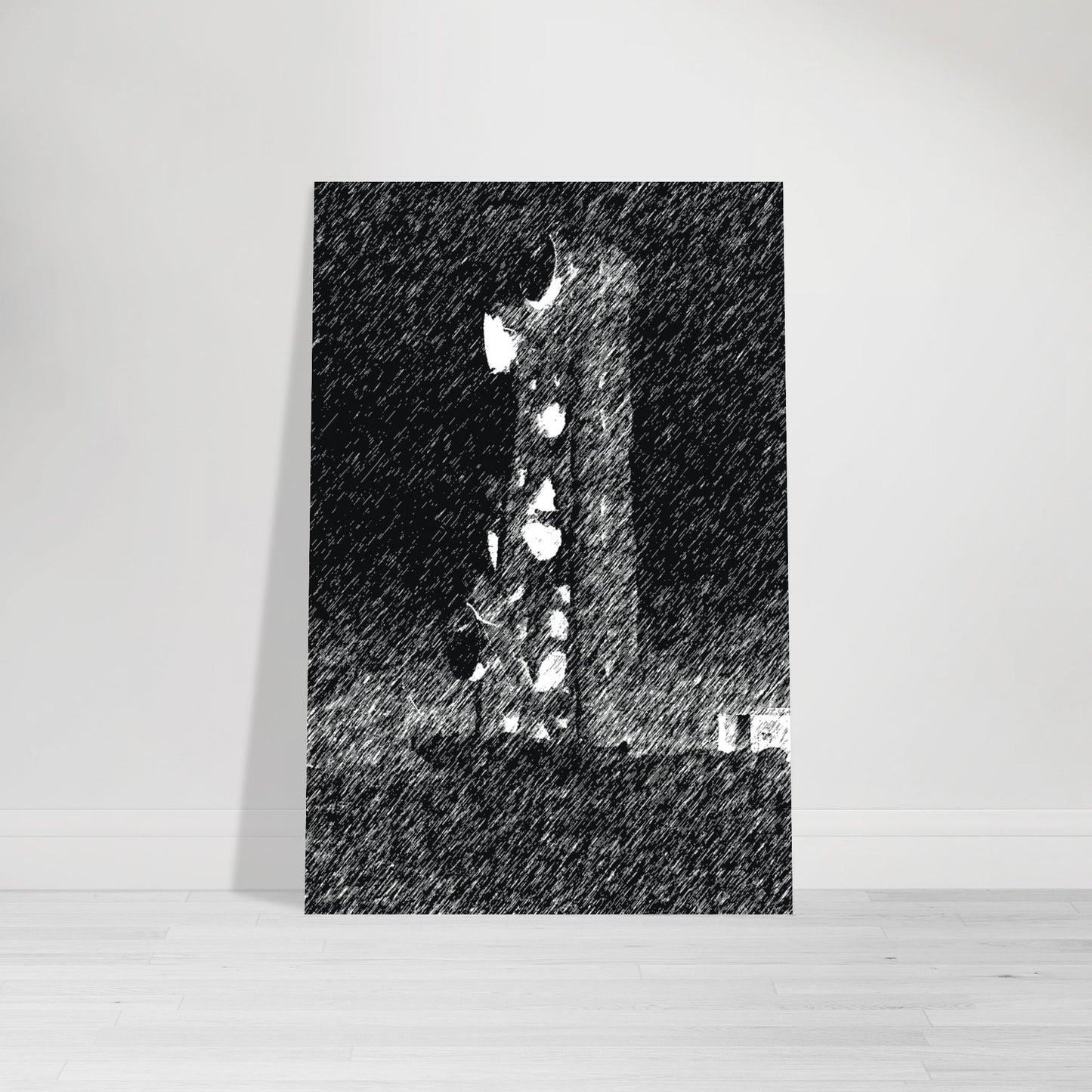 Black and White Photographic Print of Original Scratch Art. Strange Electrical Tower. by Allison Cartwright at Found Art Studio