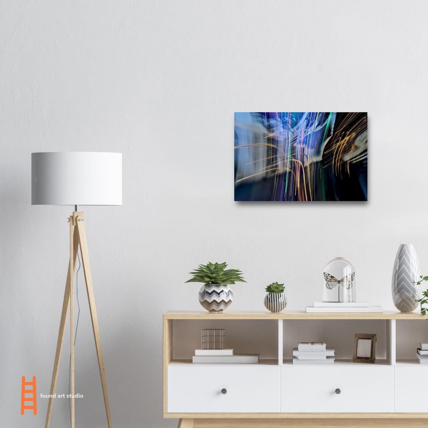 Abstract Photographic Print showcasing mesmerizing swirls of vibrant colors resembling a cosmic dance in colors of orange, black, gray, green, pink, purple, peach and shades of blue by Allison Cartwright of Found Art Studio