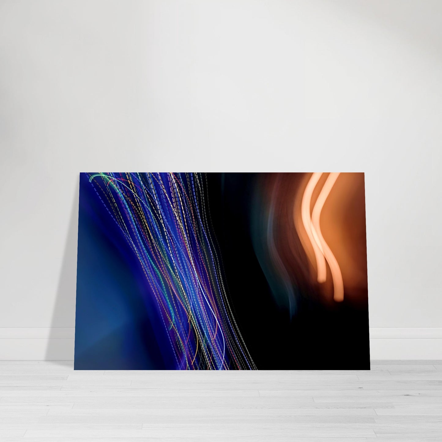 Abstract Photographic Print showcasing mesmerizing swirls of vibrant colors resembling a cosmic dance in colors of orange, black, green, pink, purple and shades of blue by Allison Cartwright of Found Art Studio