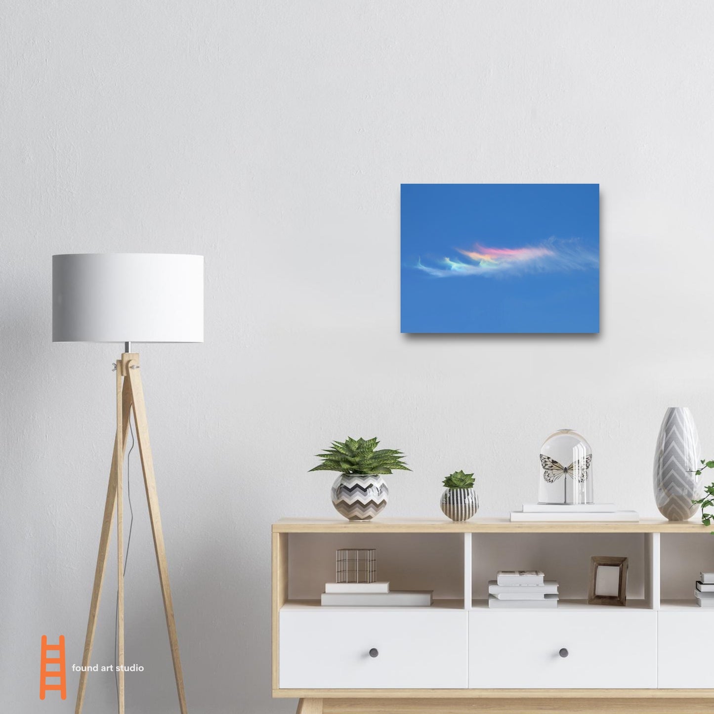 Photographic print capturing a blue sky adorned with a rainbow colored cloud taken in Marfa Texas by Allison Cartwright , Found Art Studio.