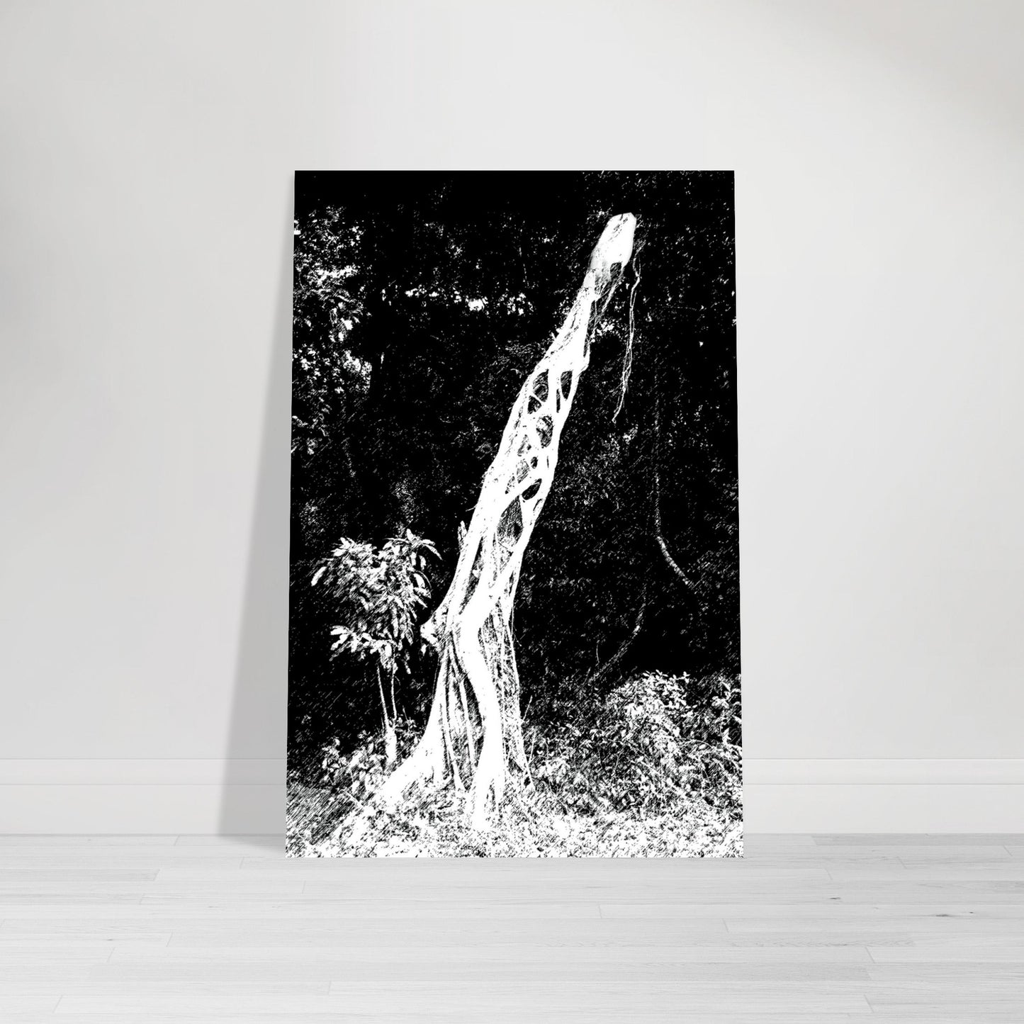 Black and White Photographic Print of Original Scratch Art. Strange Walking Plant. by Allison Cartwright at Found Art Studio