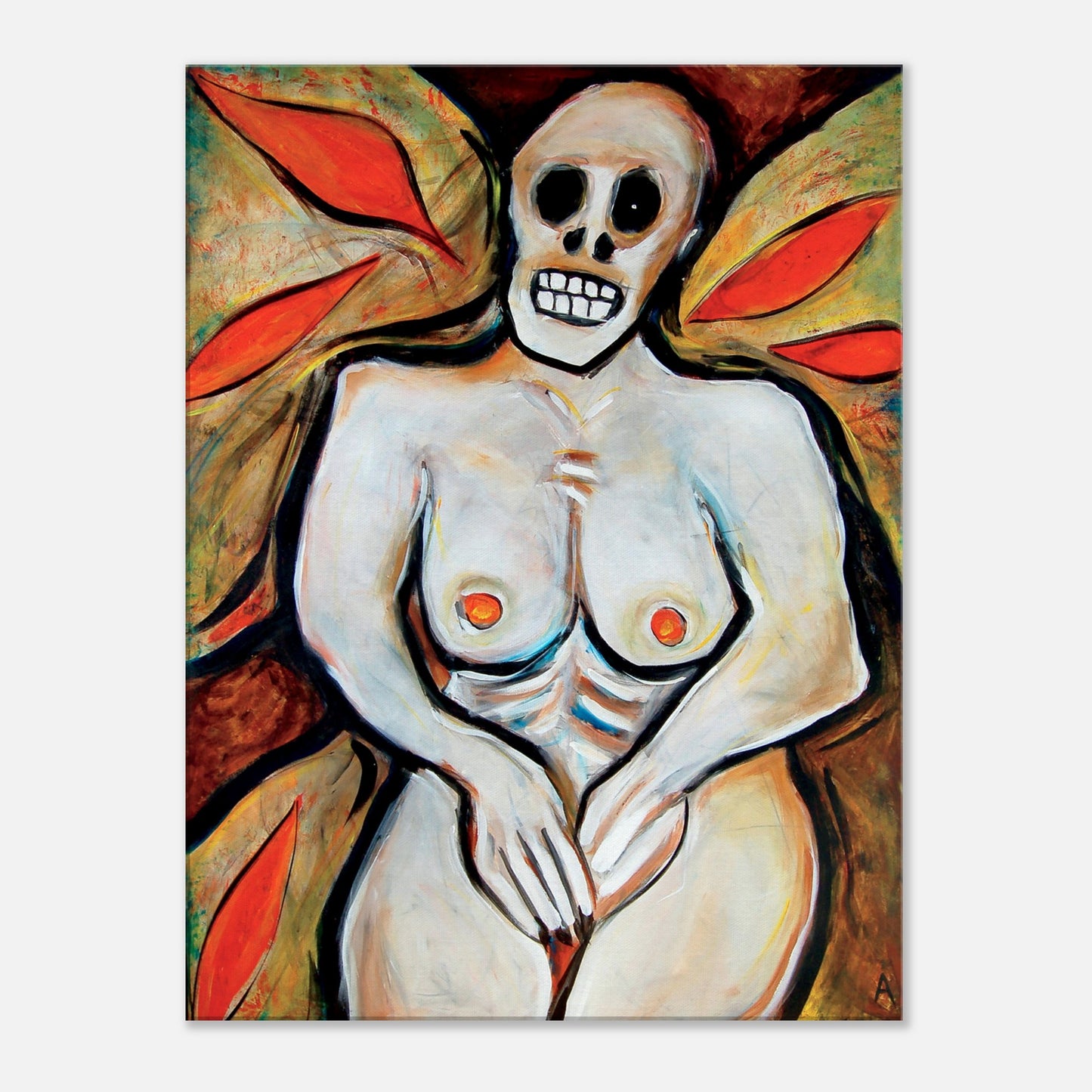 Photographic Print on canvas of an original Painting of an unclothed woman with a skull head in Bright Colors. by Allison Cartwright at Found Art Studio.