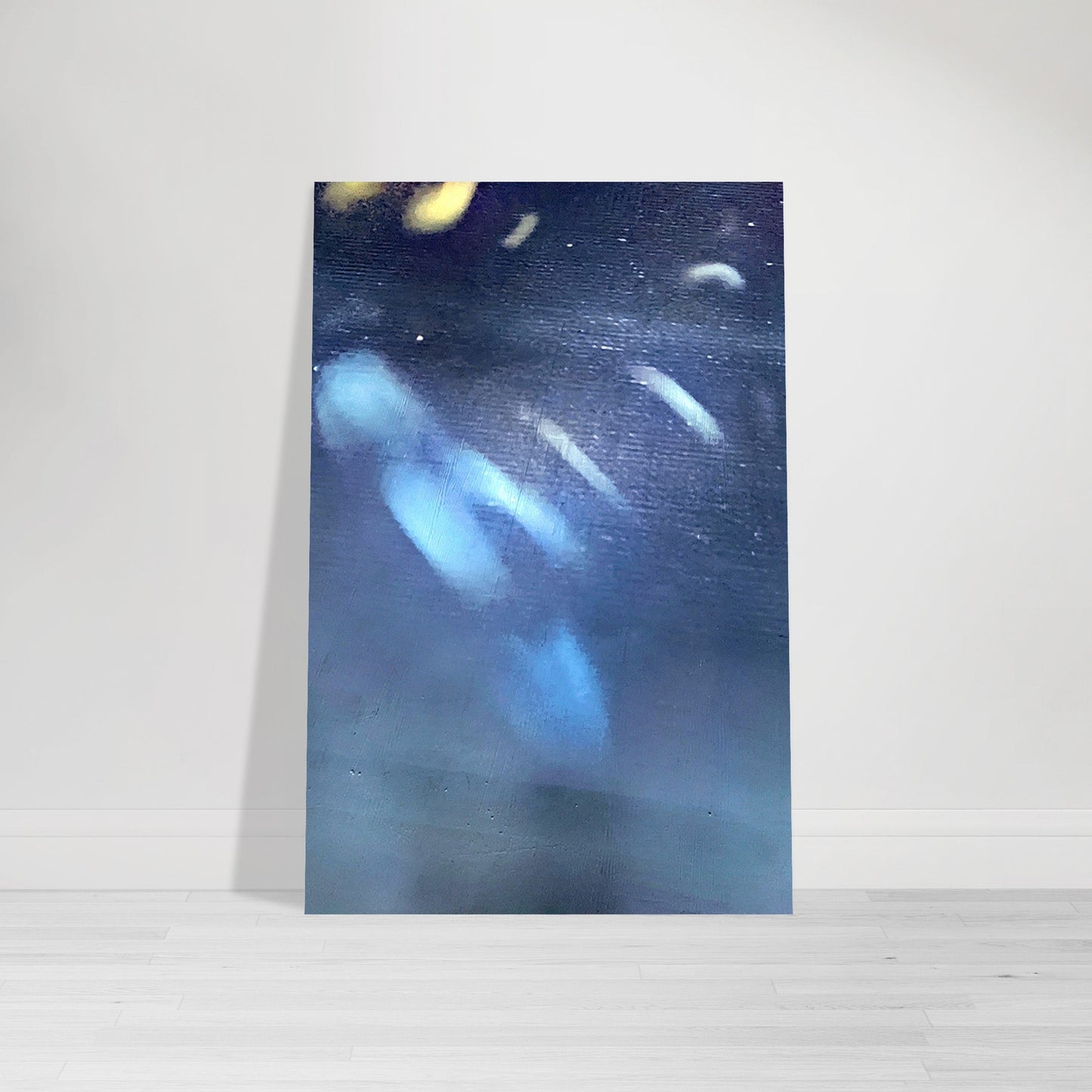 Abstract Photographic Print showcasing mesmerizing swirls of vibrant colors resembling a cosmic dance in colors of white, yellow and shades of blue by Allison Cartwright of Found Art Studio