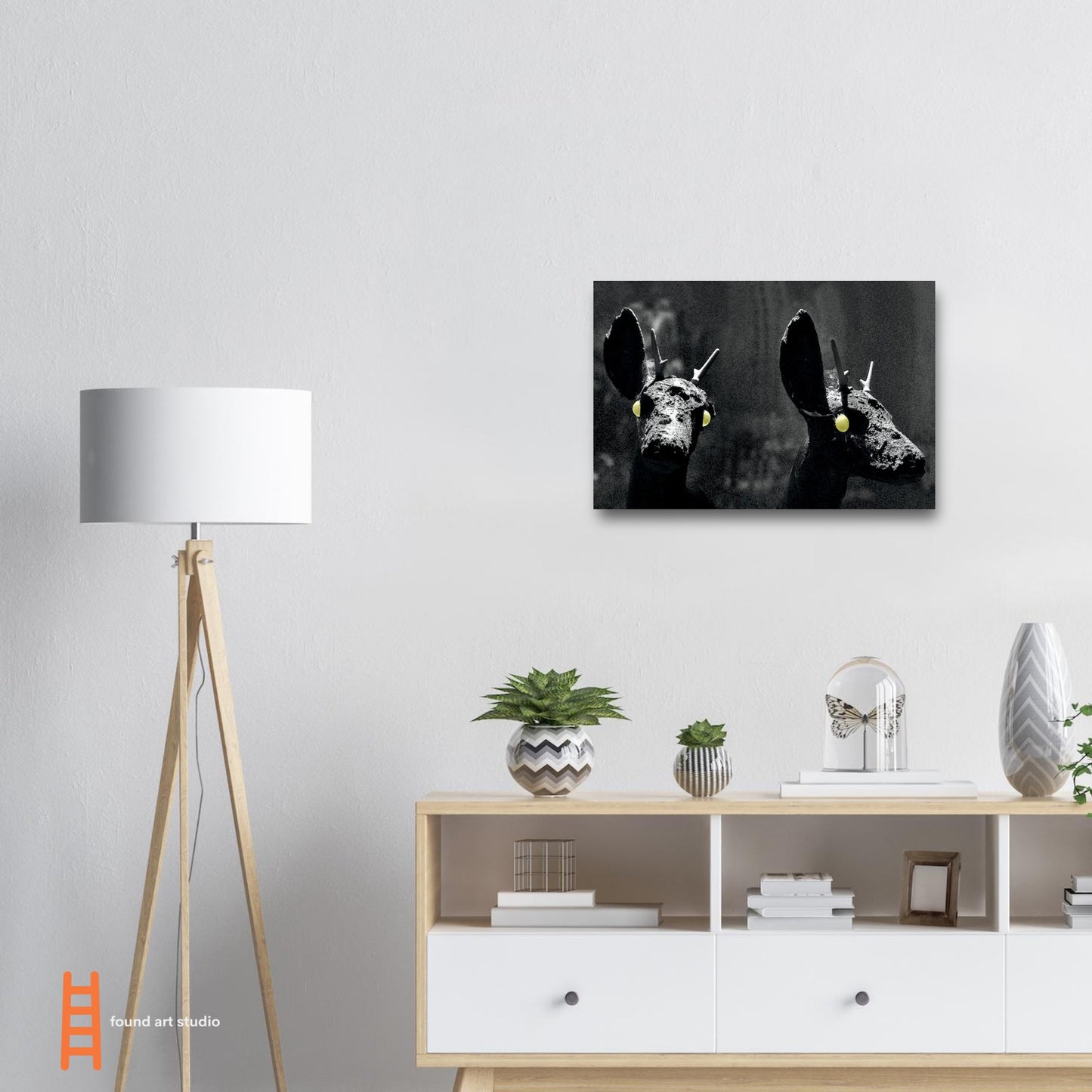 Photographic Print of two Strange Deer Heads with glowing Neon Eyes by Allison Cartwright Found Art Studio