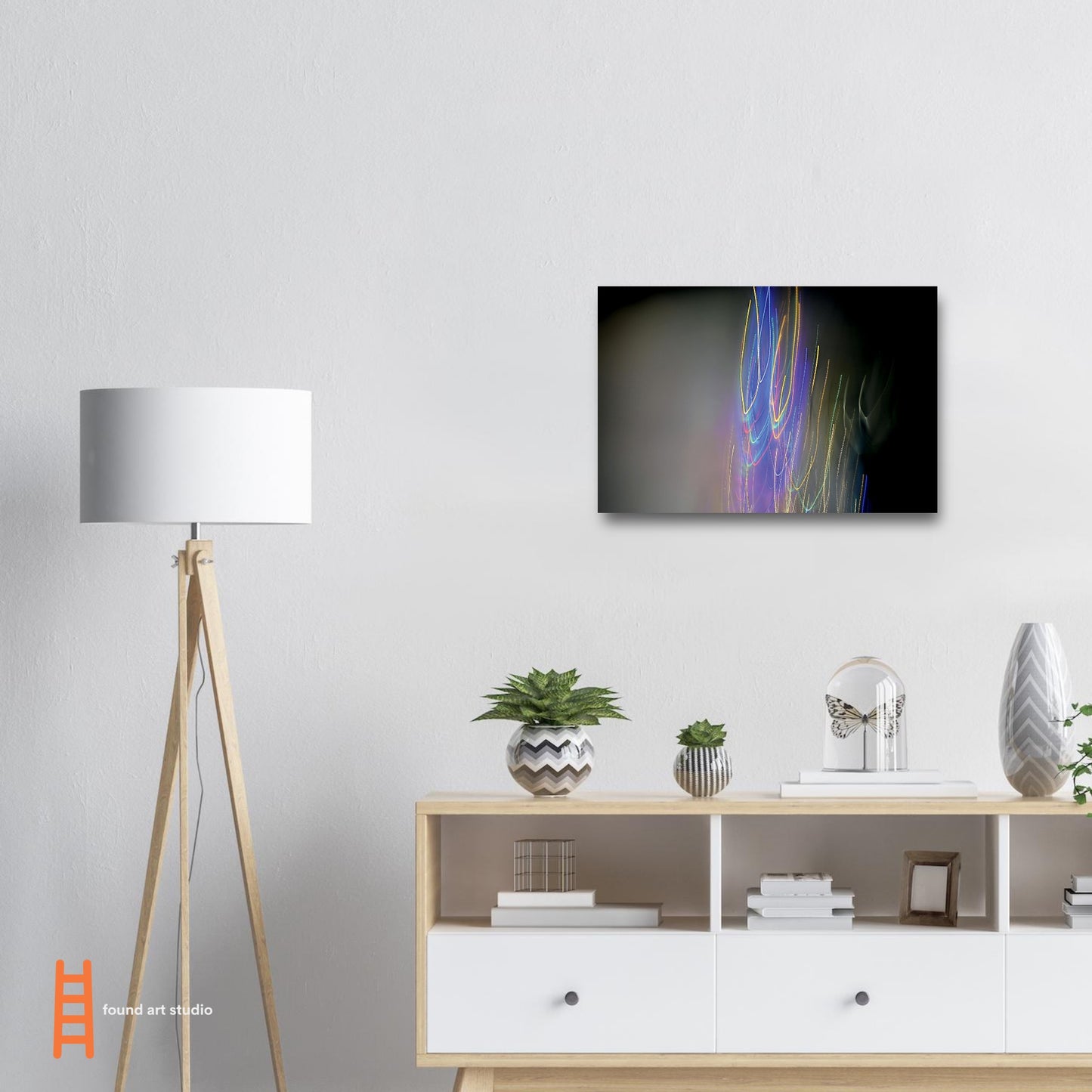 Abstract Photographic Print showcasing mesmerizing swirls of vibrant colors resembling a cosmic dance in colors of black, gray, purple, pink, blue, yellow and mint green by Allison Cartwright of Found Art Studio