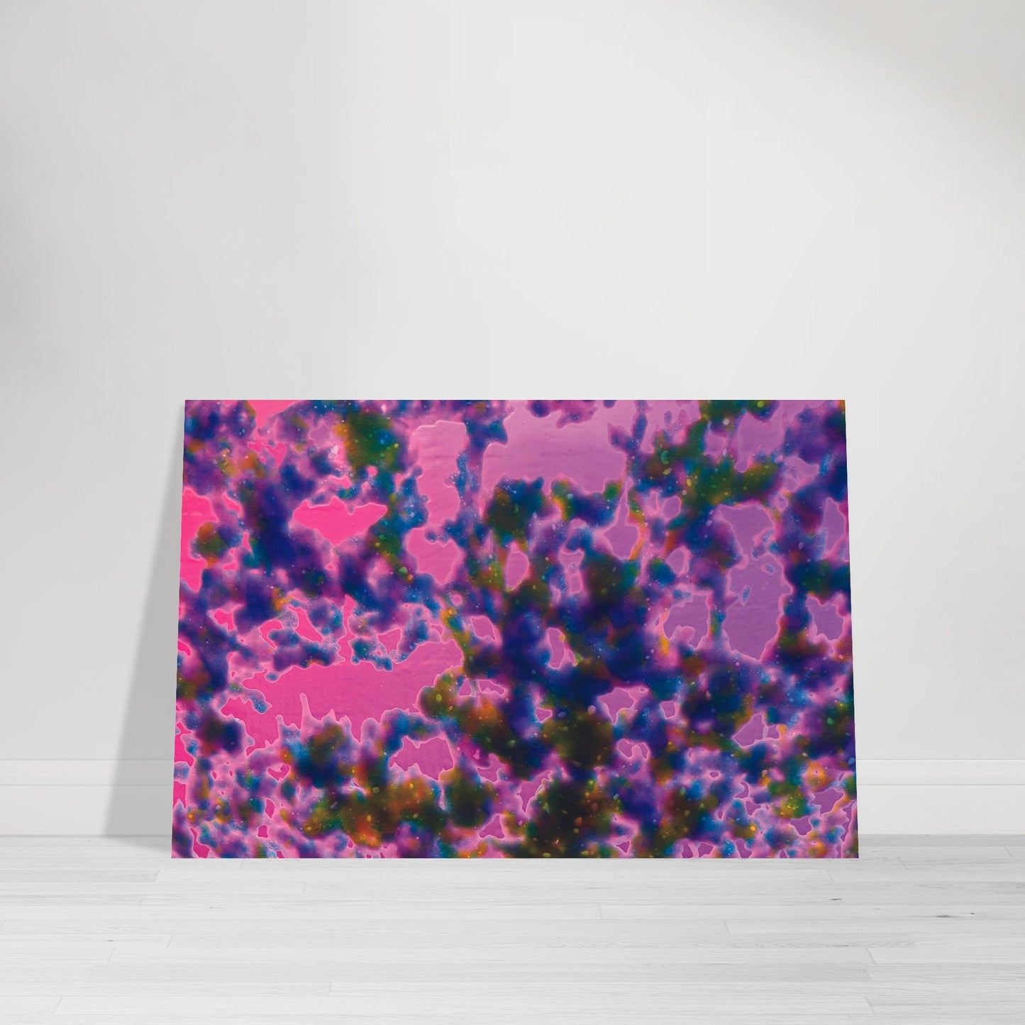 Photographic Print of an abstract pattern of colors and amoeba like shapes - colors are mainly pink, purple, blue with tinges of yellow and green - by Allison Cartwright, Found Art Studio