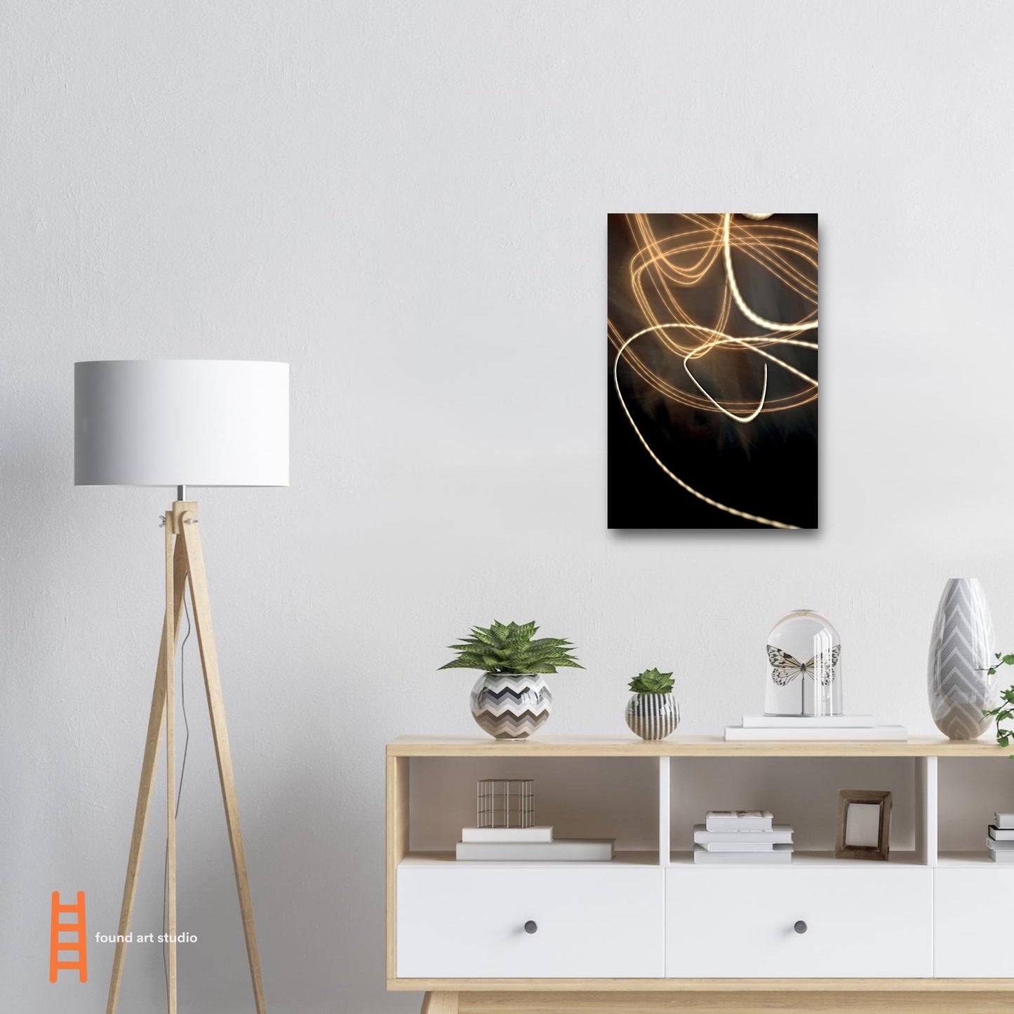 Abstract Photographic Print showcasing mesmerizing swirls of vibrant colors resembling a cosmic dance in colors of black, white, gold, and light orange by Allison Cartwright of Found Art Studio