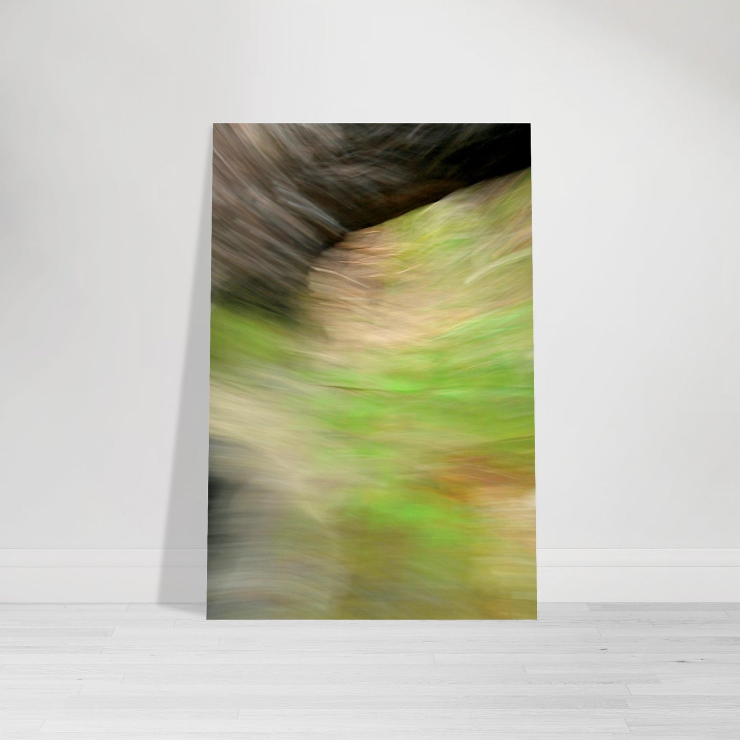 Abstract Photographic Print showcasing mesmerizing swirls of vibrant colors resembling a cosmic dance in colors of black, gray, brown, greens and dark orange by Allison Cartwright of Found Art Studio