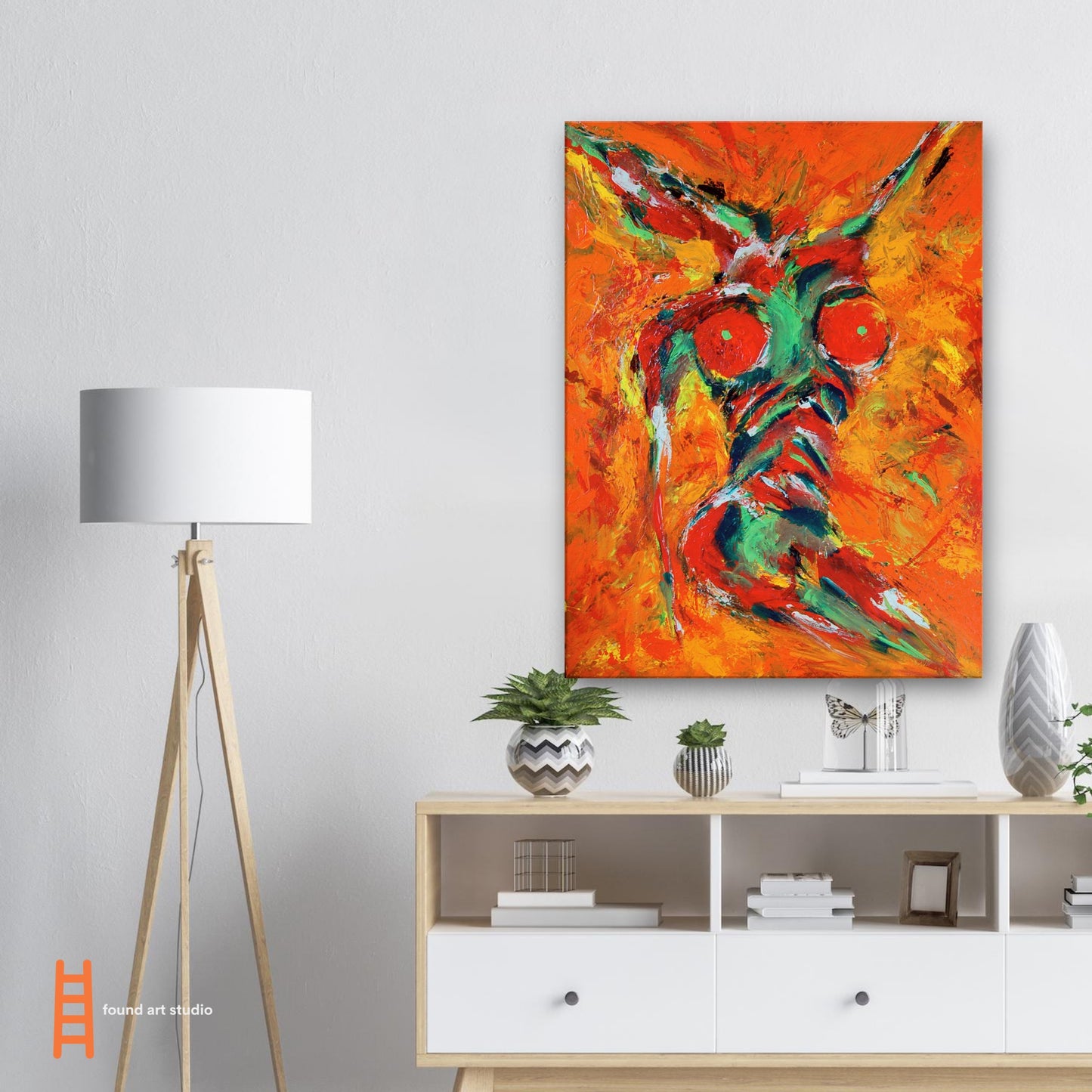 Photographic Print on canvas of an original Painting of an unclothed woman with a skull head in bright colors. by Allison Cartwright at Found Art Studio.