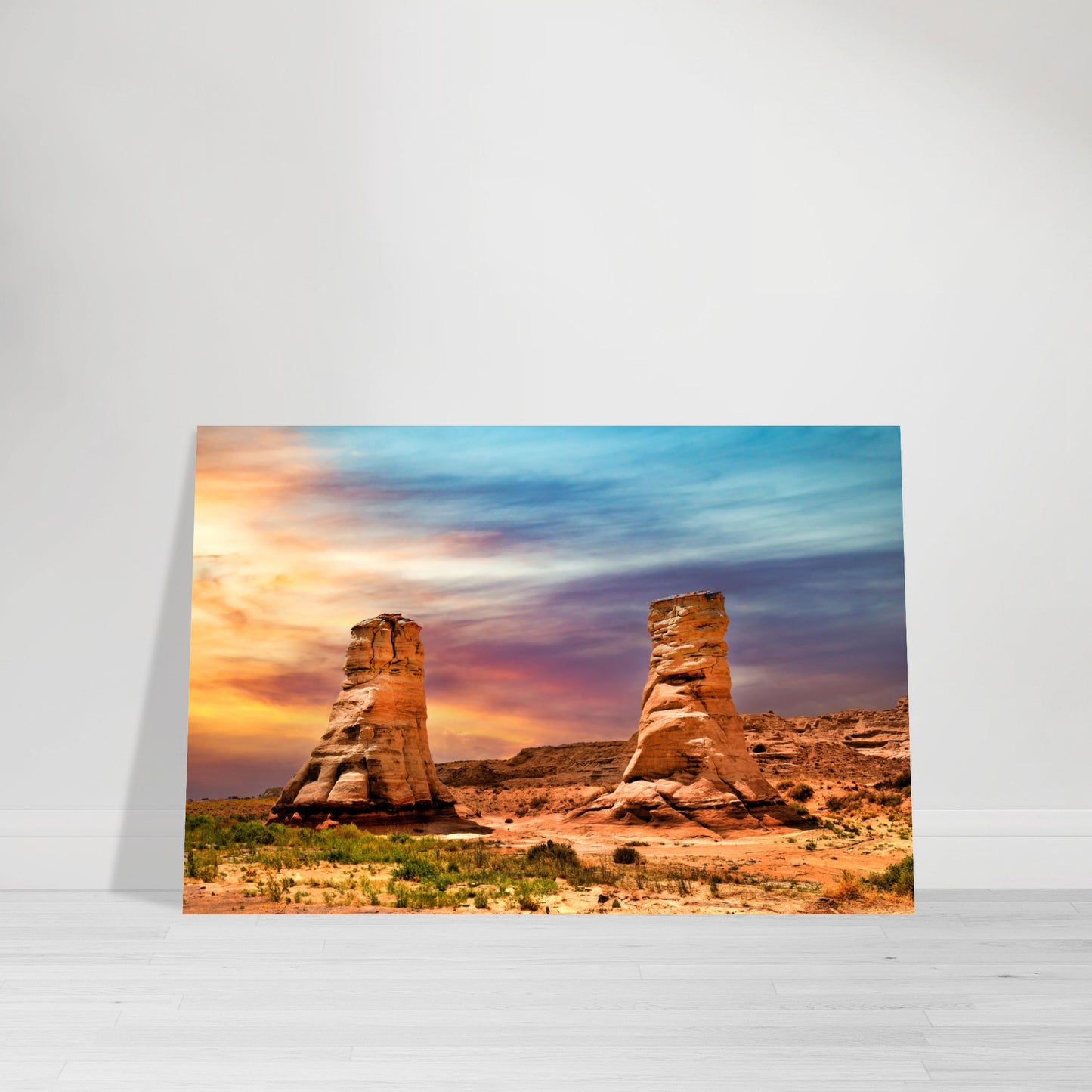 Photographic Print of Elephant's Feet Rocks in Arizona with dramatic sunset in Blue, Orange, Pink, and Green by Allison Cartwright Found Art Studio