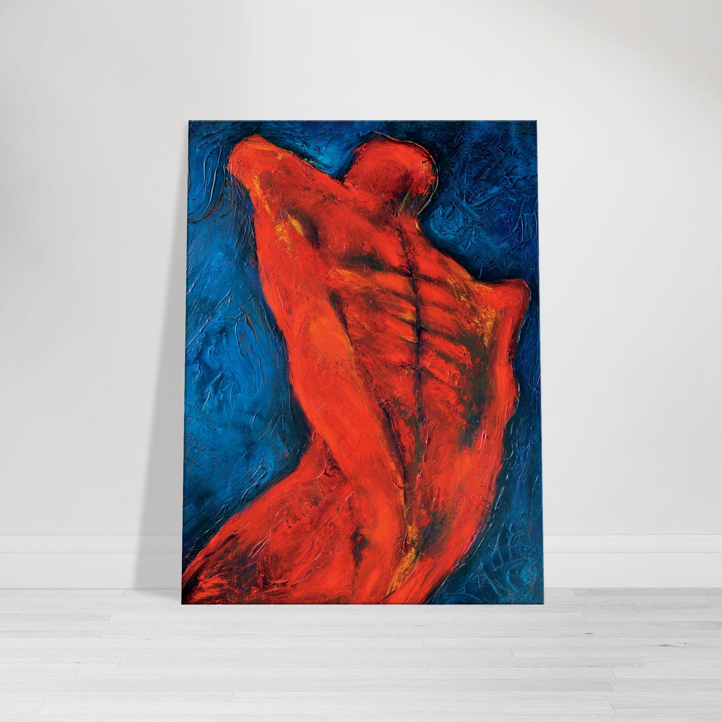 Photographic Print on canvas of an original Painting of the back of a man in blue, red, orange and black by Allison Cartwright at Found Art Studio.