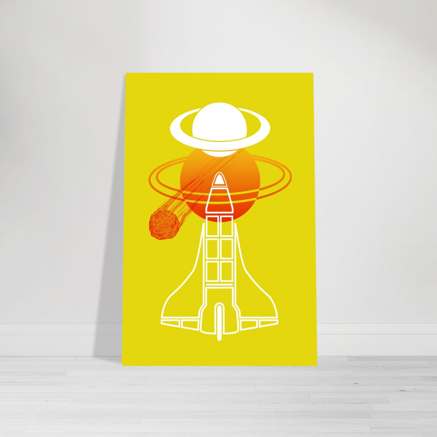 Digital Art Print that features 2 Planets with Rings in orange and white, a Meteor in orange gradient and a white outline of a Space Shuttle on a yellow background by Allison Cartwright Found Art Studio.