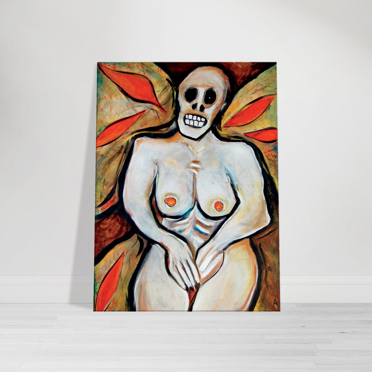 Photographic Print on canvas of an original Painting of an unclothed woman with a skull head in Bright Colors. by Allison Cartwright at Found Art Studio.