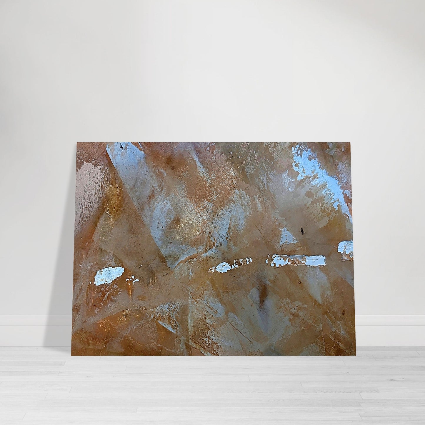 Photographic print featuring an abstract street pattern in light blue, tan, gold and brown by Allison Cartwright, Found Art Studio