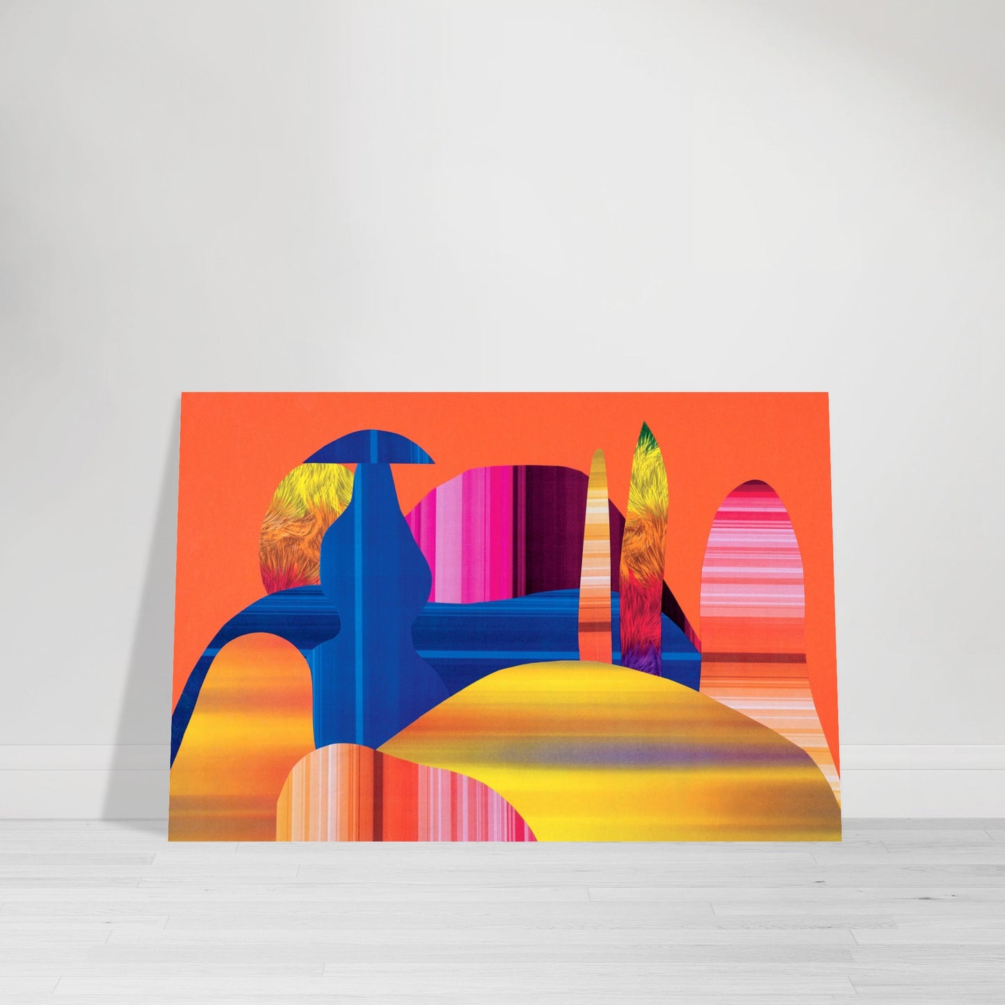 Photographic Print of an Alien Mountain Landscape Paper Collage in bright colors of orange, blue, pink, yellow, and purple by Allison Cartwright at Found Art Studio