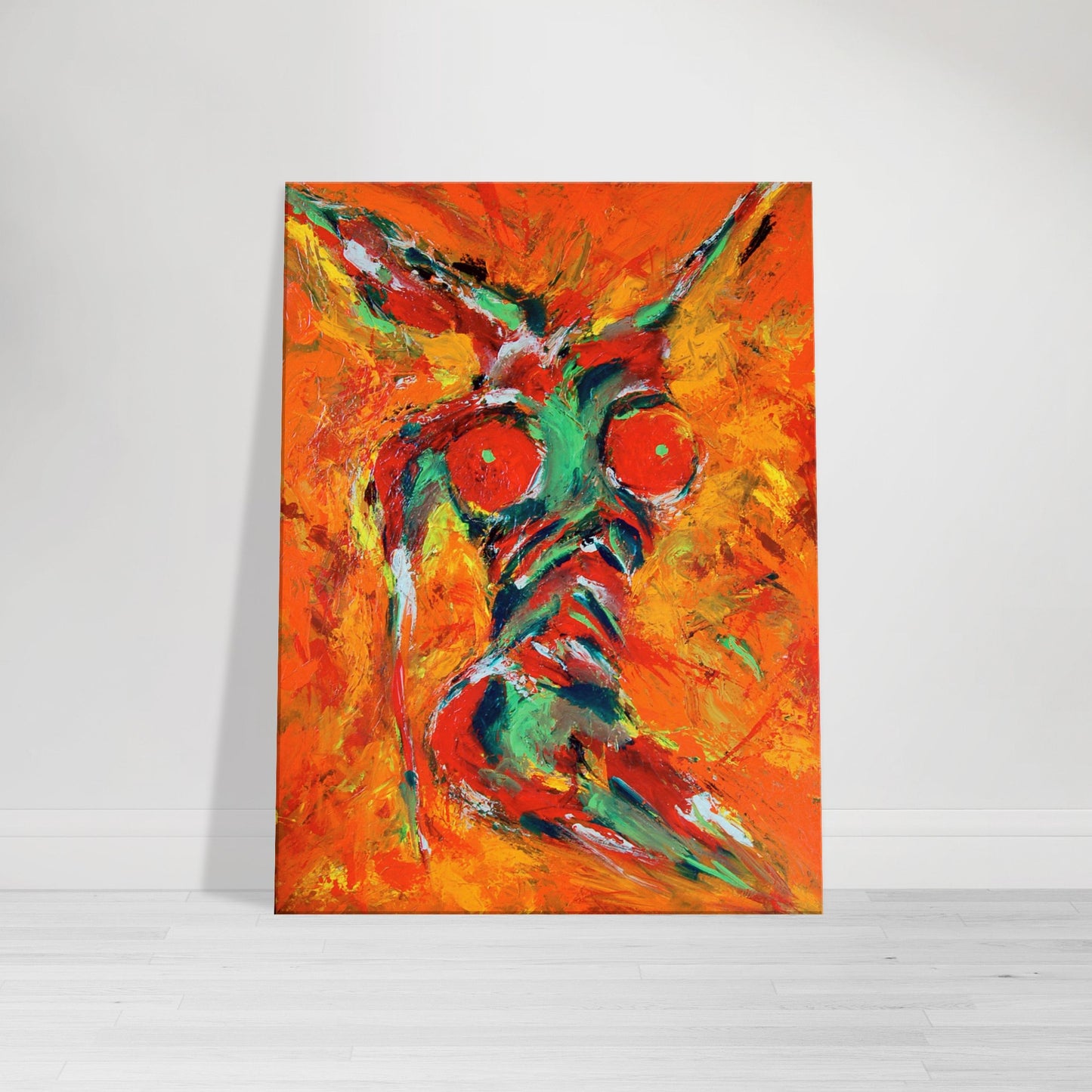 Photographic Print on canvas of an original Painting of an unclothed woman with a skull head in bright colors. by Allison Cartwright at Found Art Studio.