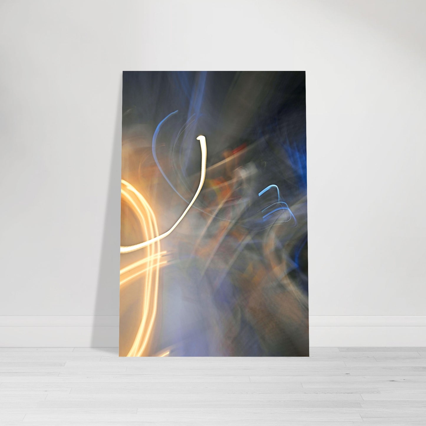 Abstract Photographic Print showcasing mesmerizing swirls of vibrant colors resembling a cosmic dance in colors of light yellow, oranges, red, blue, gray and black by Allison Cartwright of Found Art Studio
