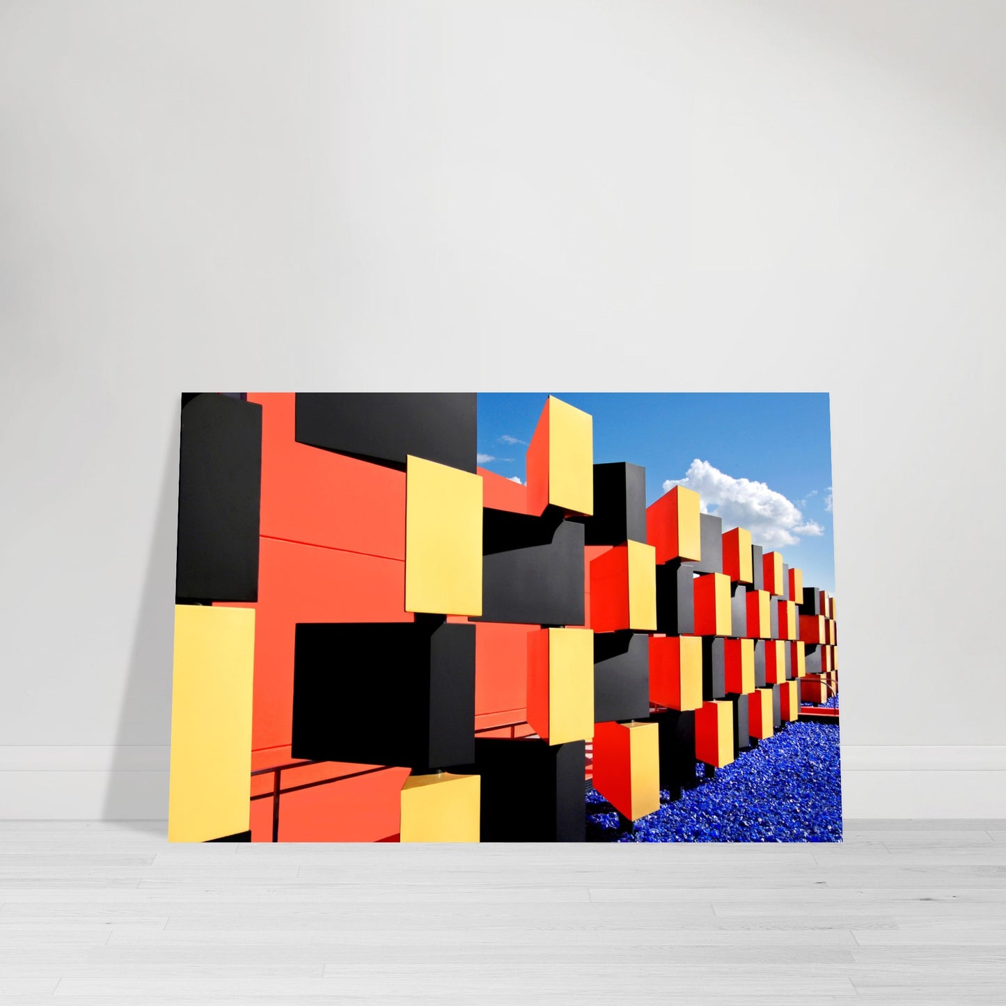 Photographic Print of modern Wall Sculpture in Black, Red and Yellow at the Bacardi Distillery Old San Juan Puerto Rico by Allison Cartwright Found Art Studio