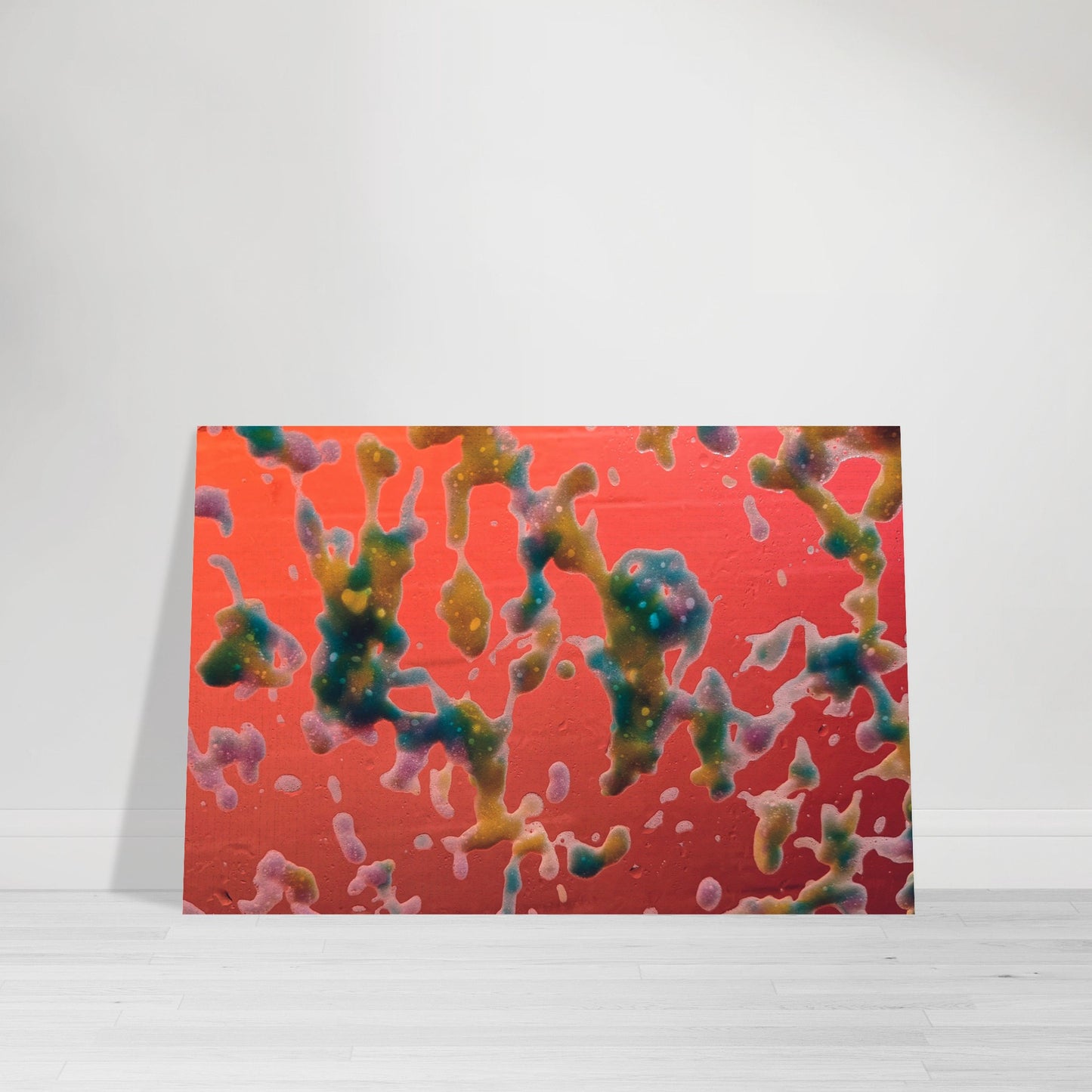 Photographic Print of an abstract pattern of colors and amoeba like shapes - colors are an orange background with bright and deep colors of the rainbow - by Allison Cartwright, Found Art Studio