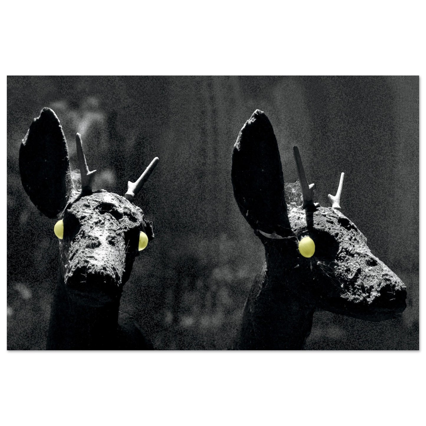 Photographic Print of two Strange Deer Heads with glowing Neon Eyes by Allison Cartwright Found Art Studio