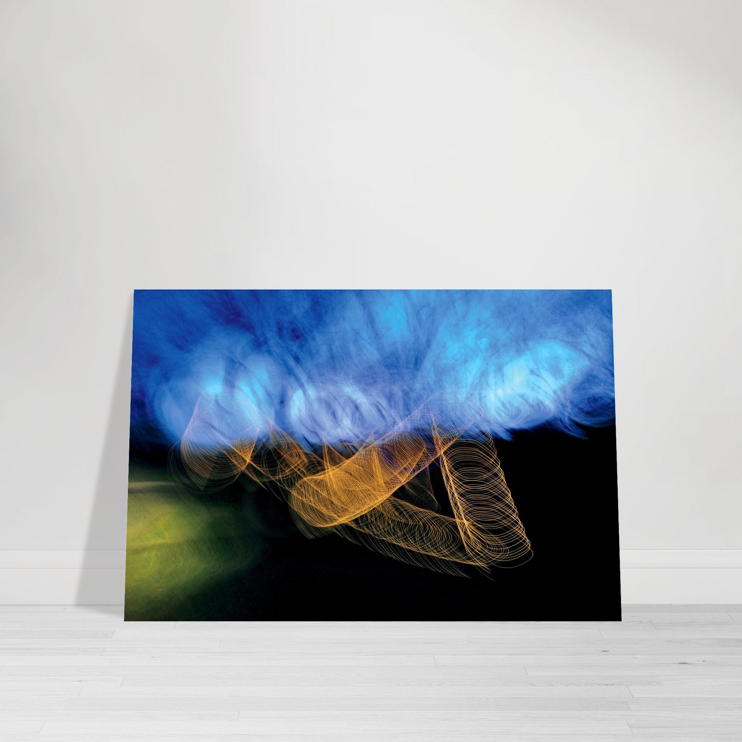 Abstract Photographic Print showcasing mesmerizing swirls of vibrant colors resembling a cosmic dance in colors of orange, black, and shades of blue by Allison Cartwright of Found Art Studio