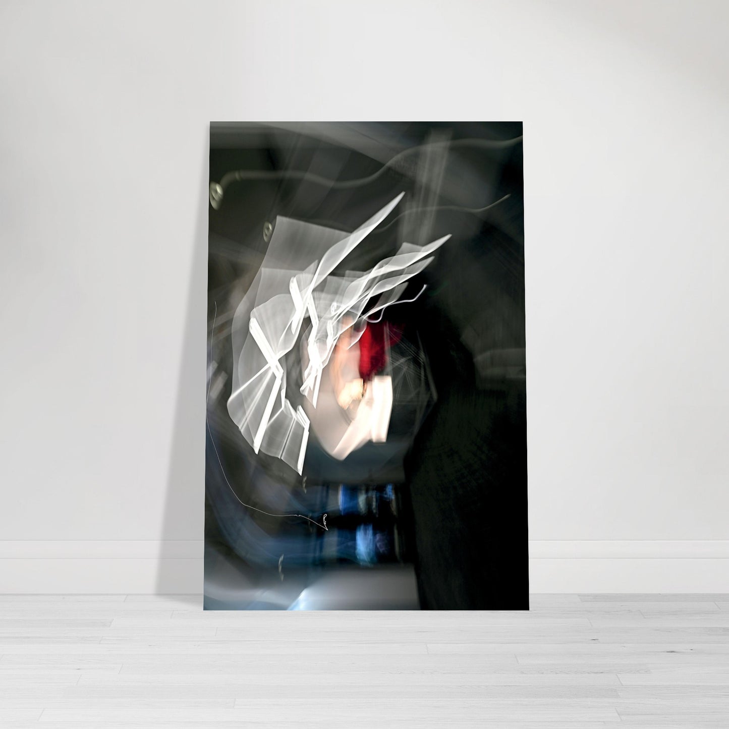 Abstract Photographic Print showcasing mesmerizing swirls of vibrant colors resembling a cosmic dance in colors of black, gray, white, blue, red and light orange by Allison Cartwright of Found Art Studio