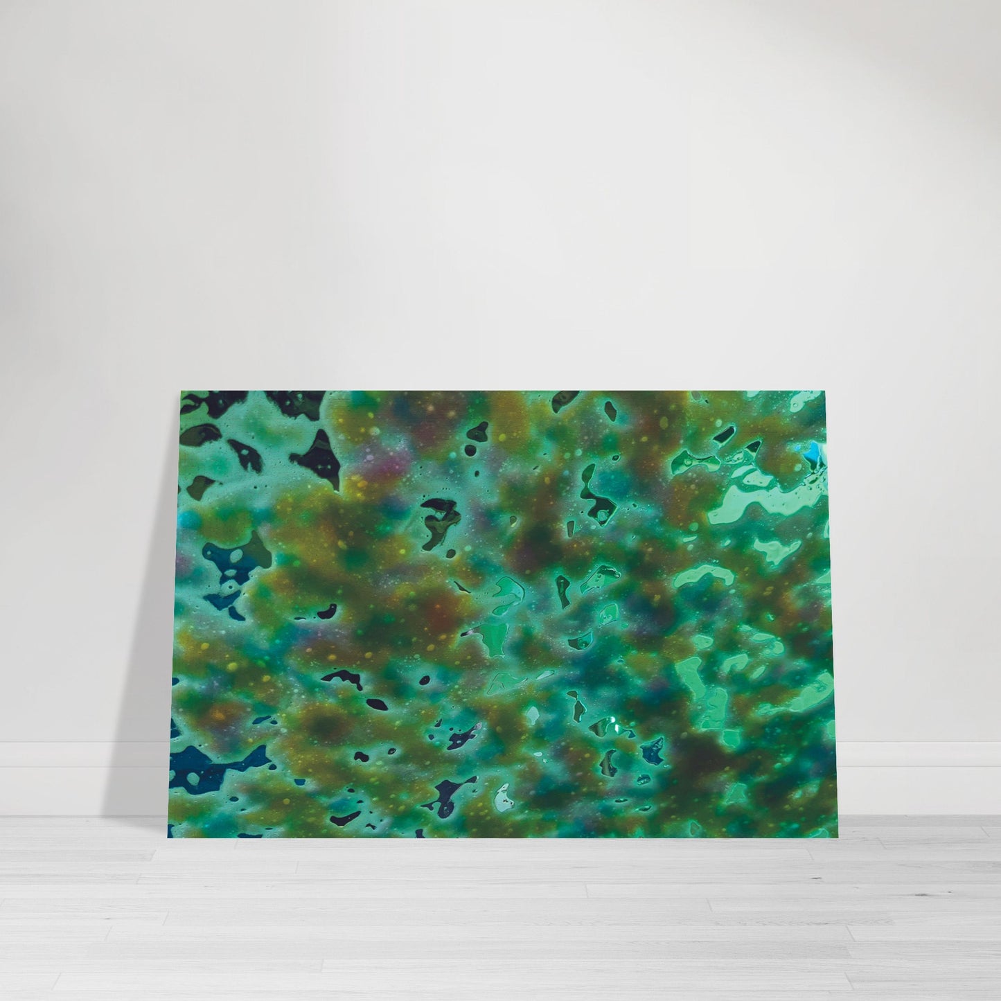 Photographic Print of an abstract pattern of colors and amoeba like shapes - colors are shades of green with blue and pink highlights - by Allison Cartwright, Found Art Studio