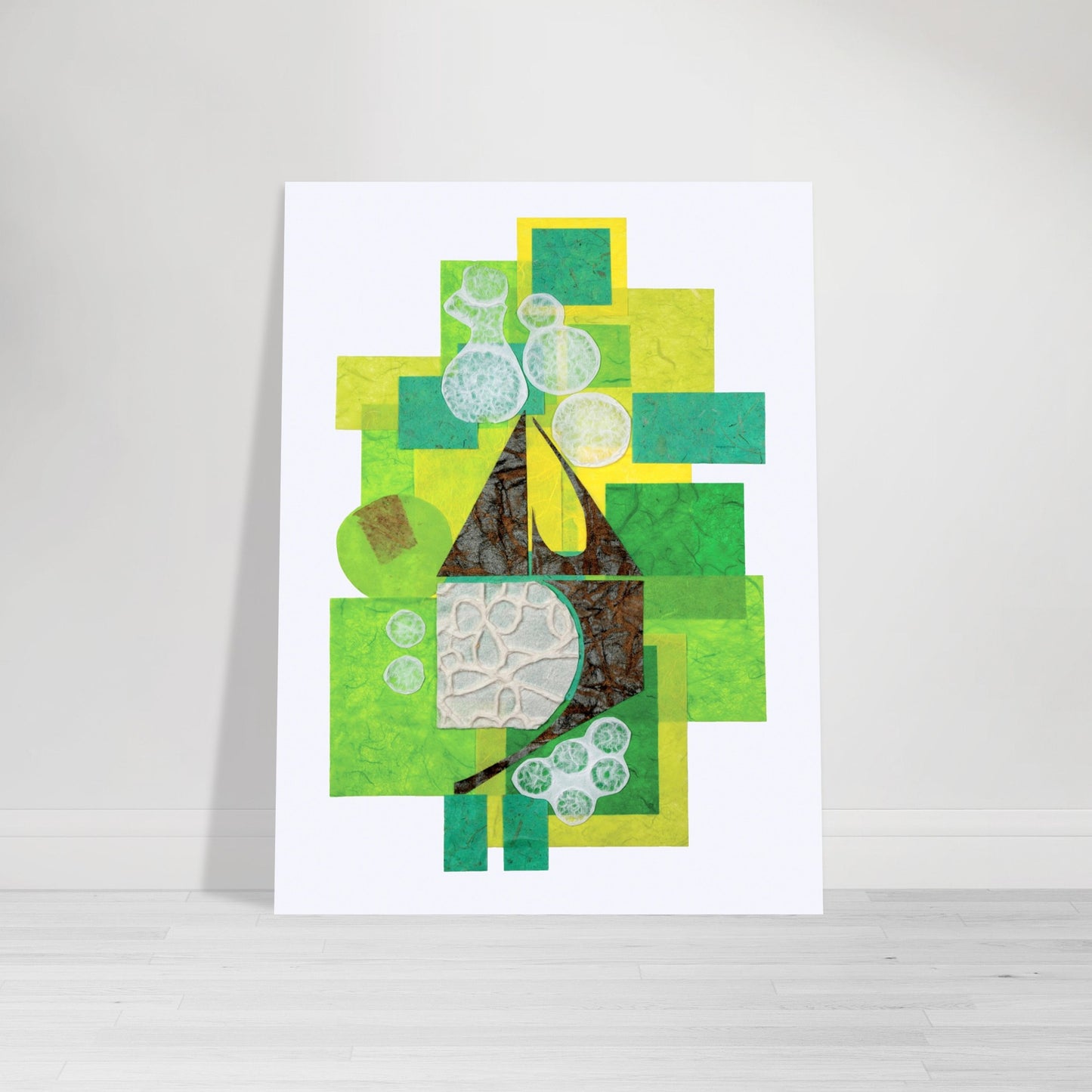 Photographic Print of an original Paper Art Collage design mid-century style - colors are white, black, greens and yellows - by Allison Cartwright, Found Art Studio