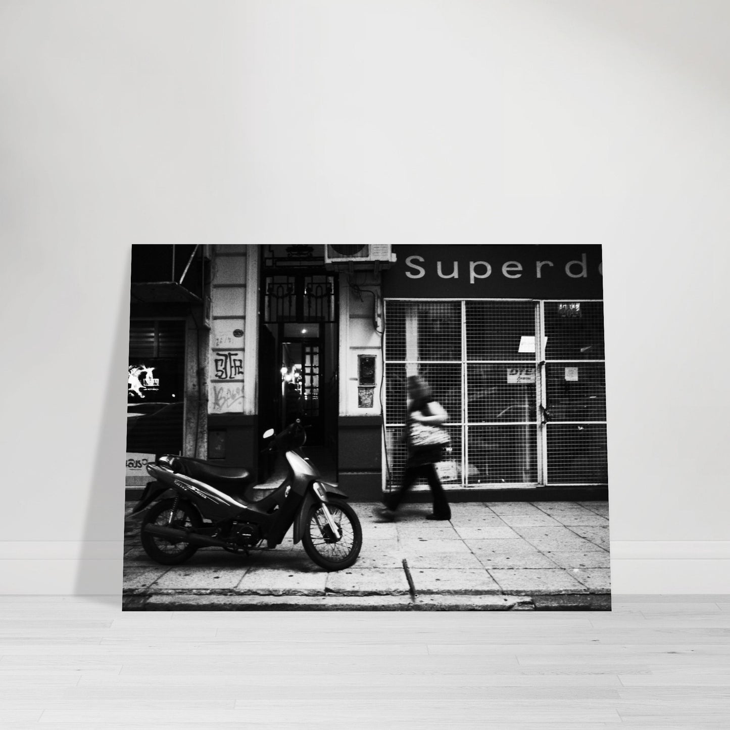 Photographic Print of a Street Scene with a Moped from Buenos Aires in black and white by Allison Cartwright Found Art Studio