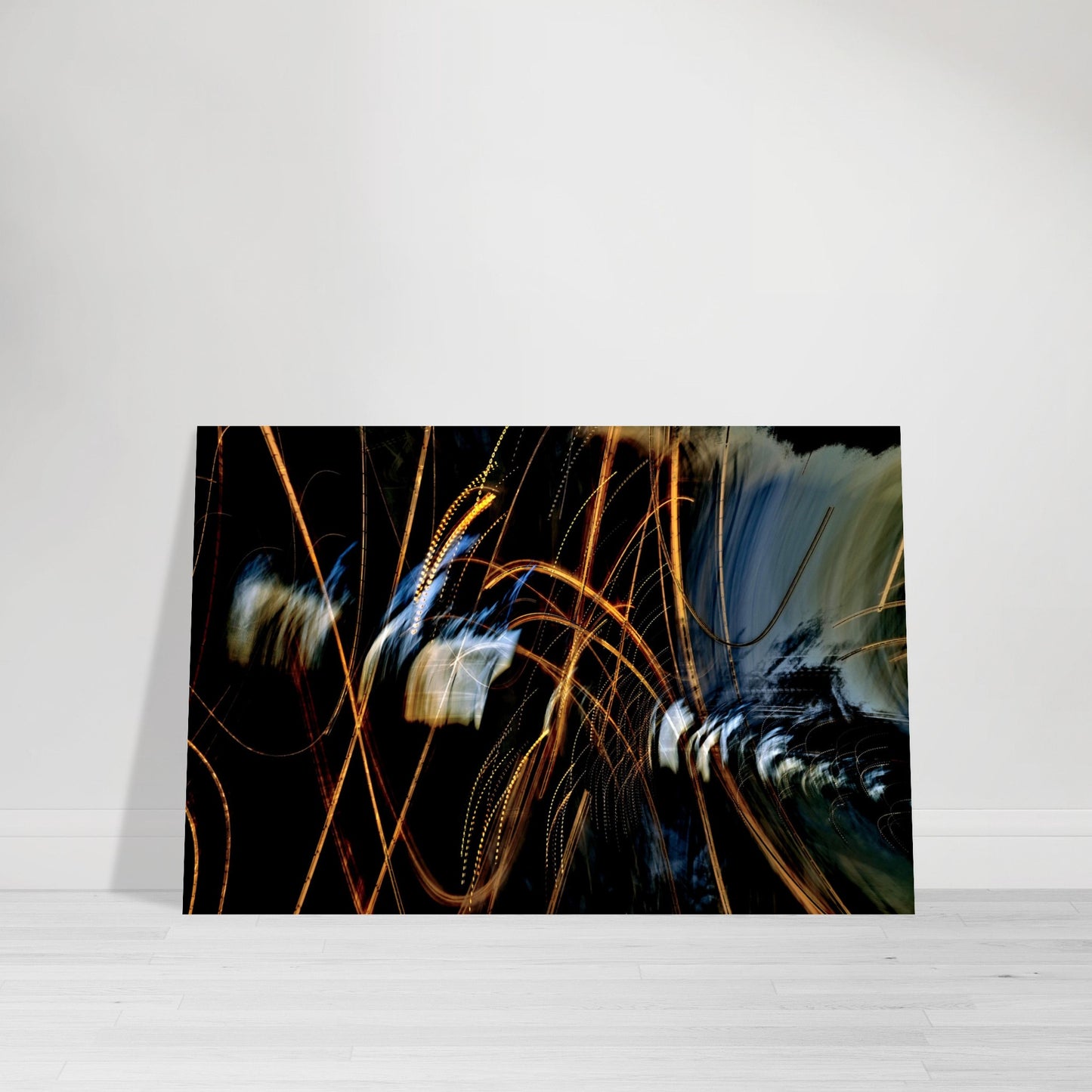 Abstract Photographic Print showcasing mesmerizing swirls of vibrant colors resembling a cosmic dance in colors of light blue, orange, yellow, orange, white, gray and black by Allison Cartwright of Found Art Studio