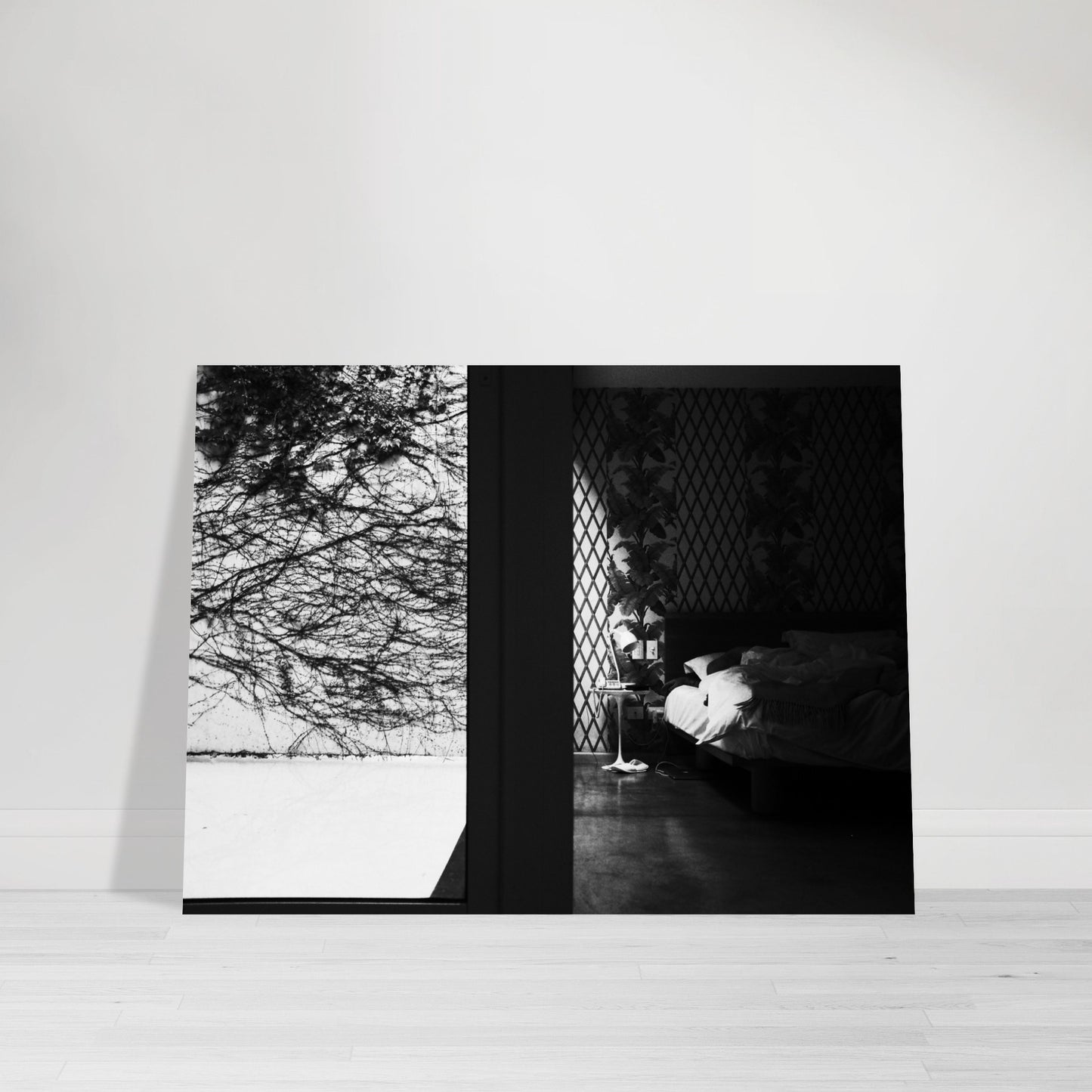 Photographic Print of a Dramatic Black and White Bedroom and Courtyard Scene by Allison Cartwright Found Art Studio