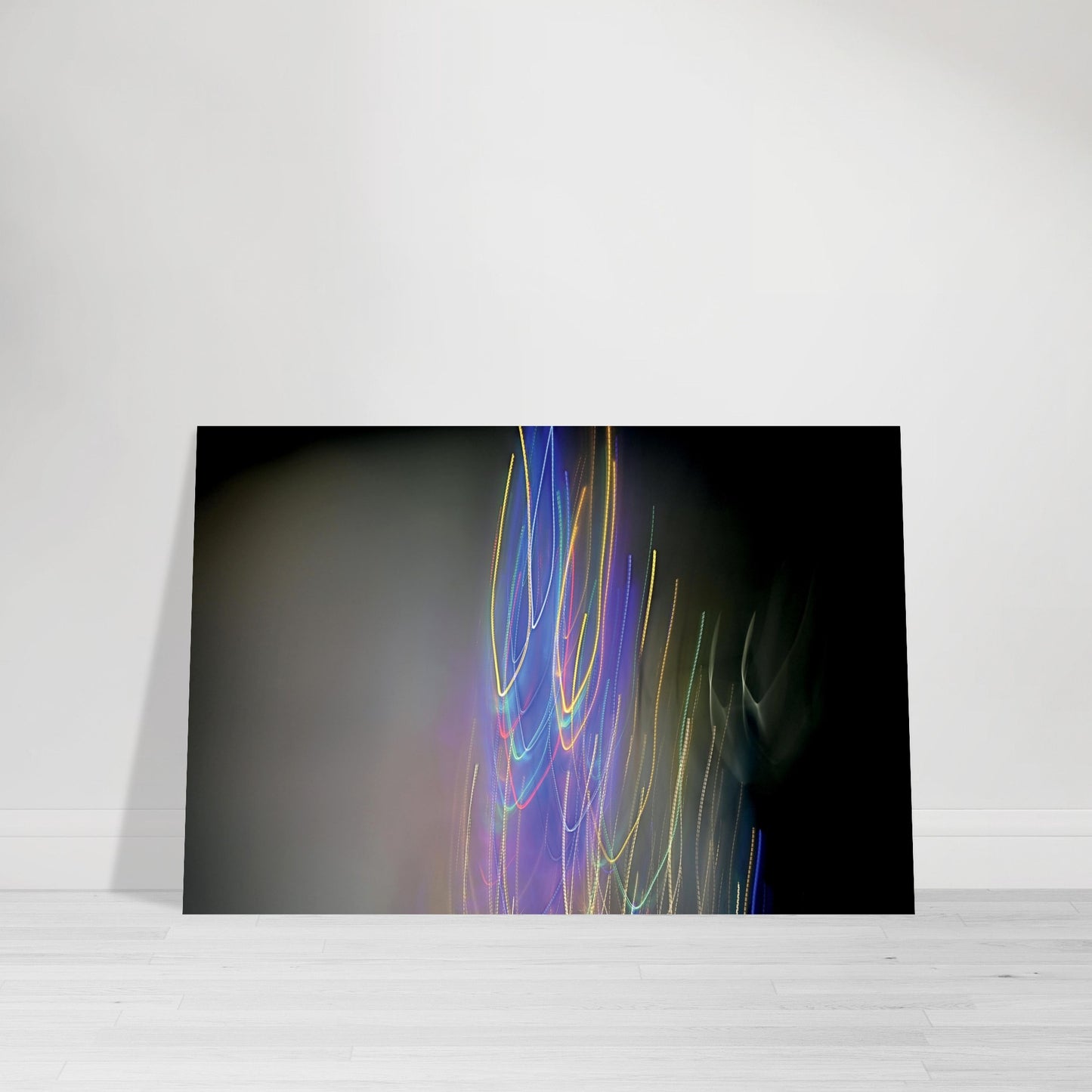 Abstract Photographic Print showcasing mesmerizing swirls of vibrant colors resembling a cosmic dance in colors of black, gray, purple, pink, blue, yellow and mint green by Allison Cartwright of Found Art Studio
