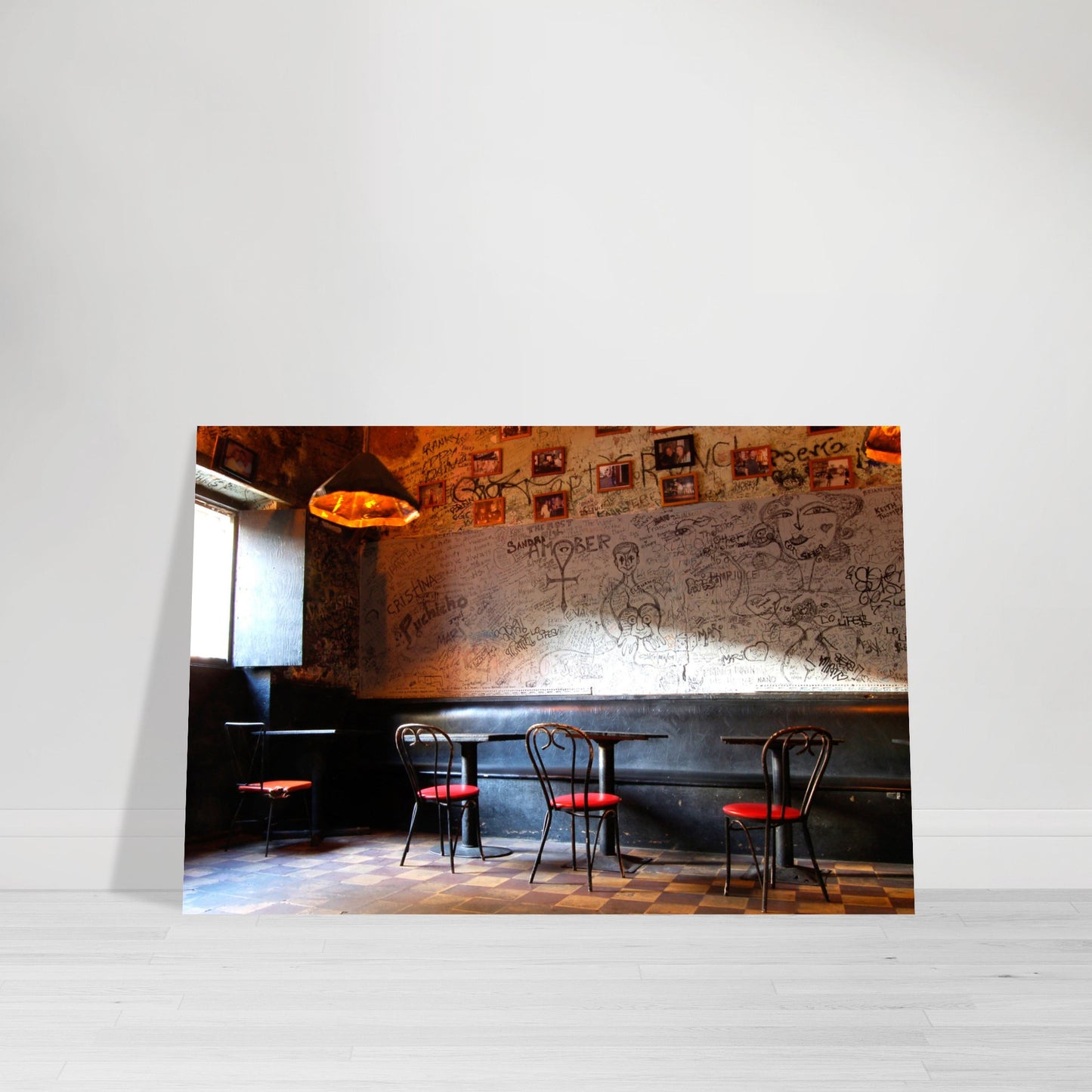 Photographic Print of seating and graffiti wall in El Batey Bar in Old San Juan Puerto Rico by Allison Cartwright Found Art Studio