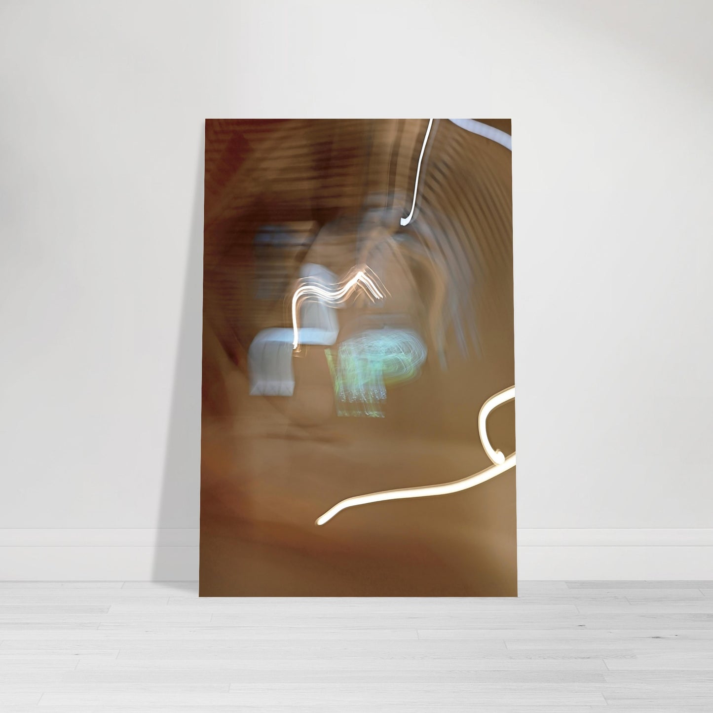 Abstract Photographic Print showcasing mesmerizing swirls of vibrant colors resembling a cosmic dance in colors of burnt umber brown, tan, white, mint green, and light blue by Allison Cartwright of Found Art Studio