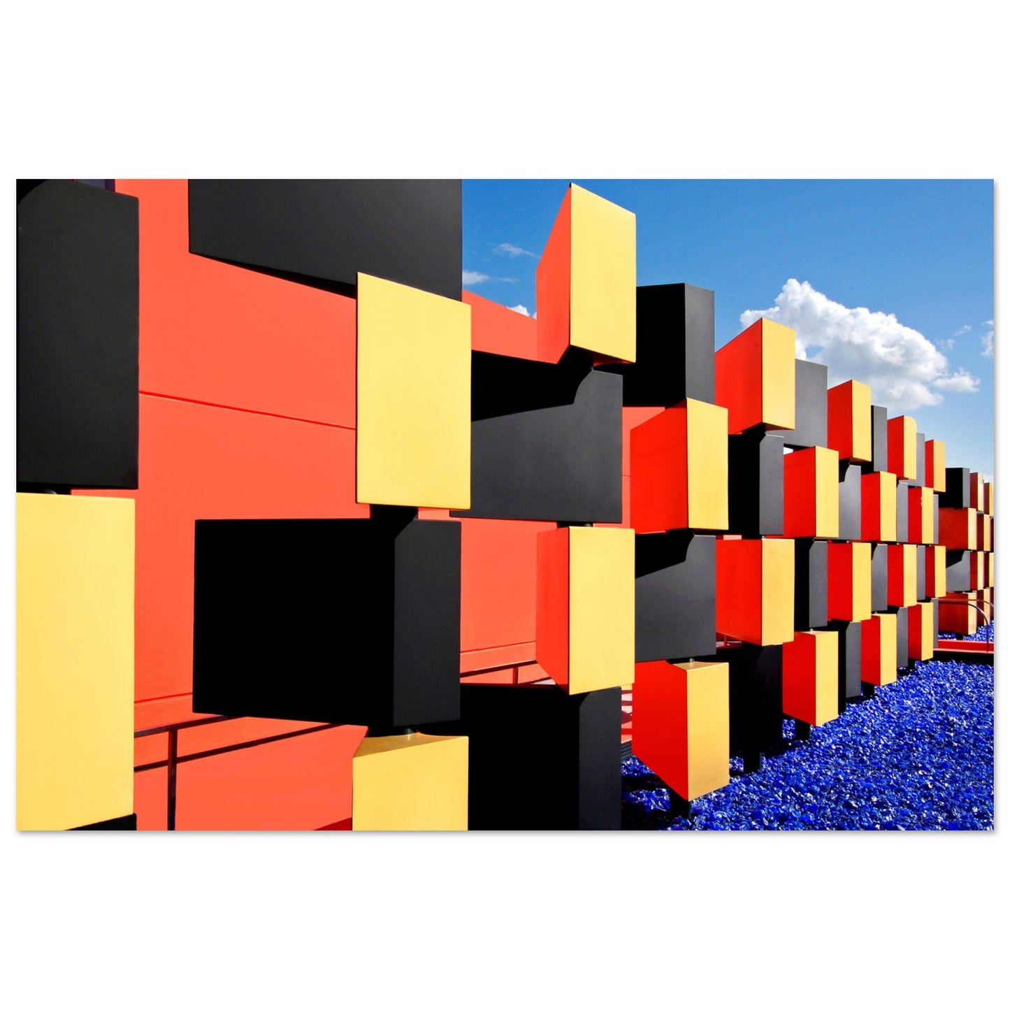 Photographic Print of modern Wall Sculpture in Black, Red and Yellow at the Bacardi Distillery Old San Juan Puerto Rico by Allison Cartwright Found Art Studio