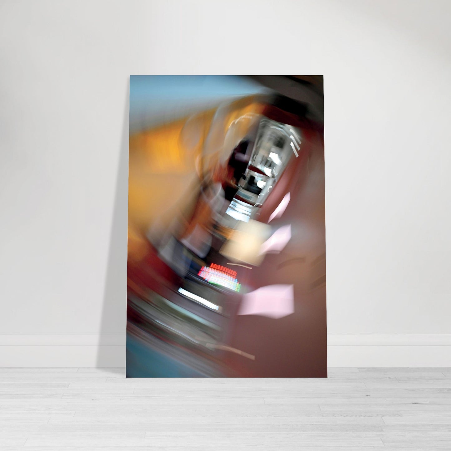 Abstract Photographic Print showcasing mesmerizing swirls of vibrant colors resembling a cosmic dance in colors of blue, orange, pink, red, orange, white, gray and black by Allison Cartwright of Found Art Studio