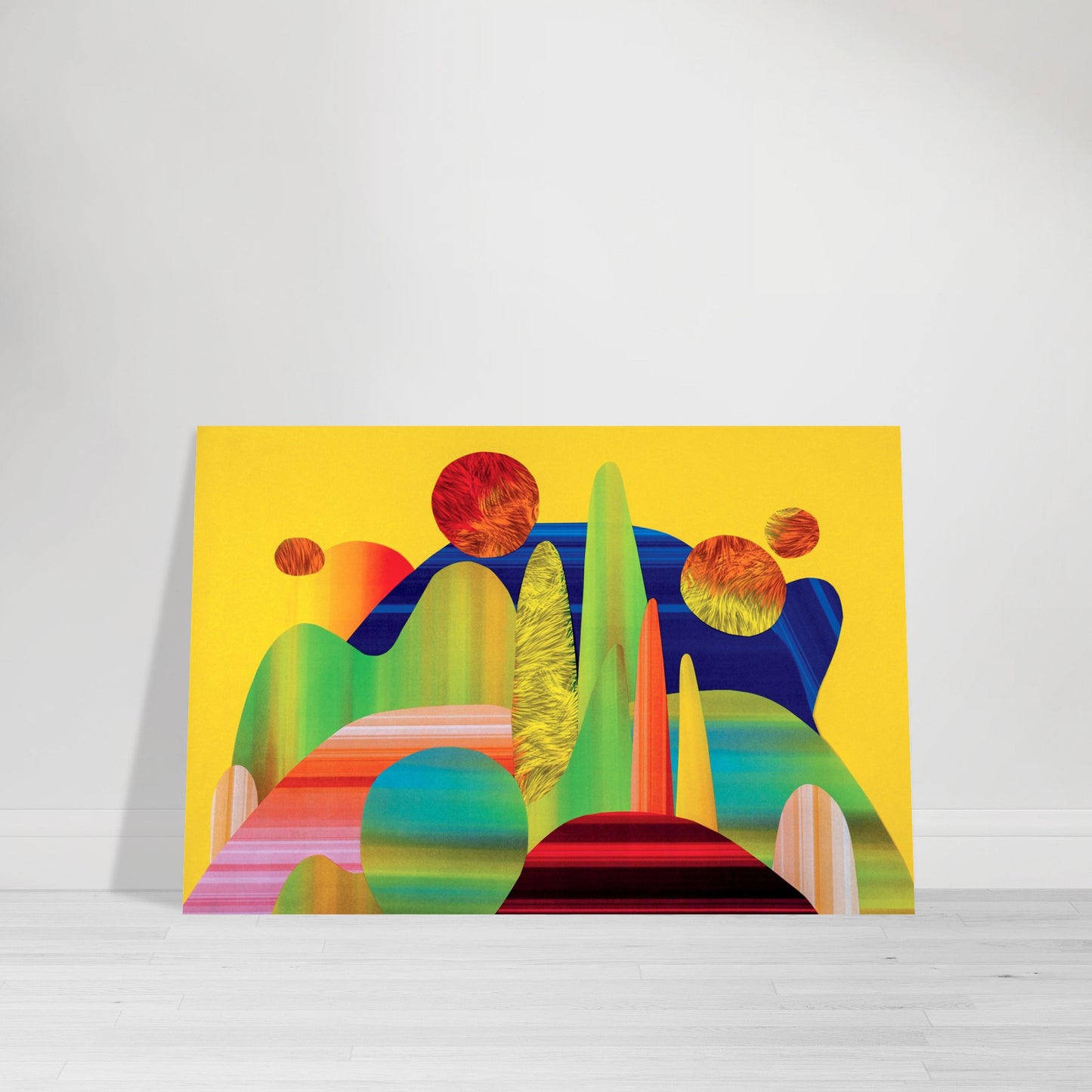 Photographic Print of an Alien Mountain Landscape Paper Collage in bright colors of yellow, red, orange, green, turquoise and blue by Allison Cartwright at Found Art Studio