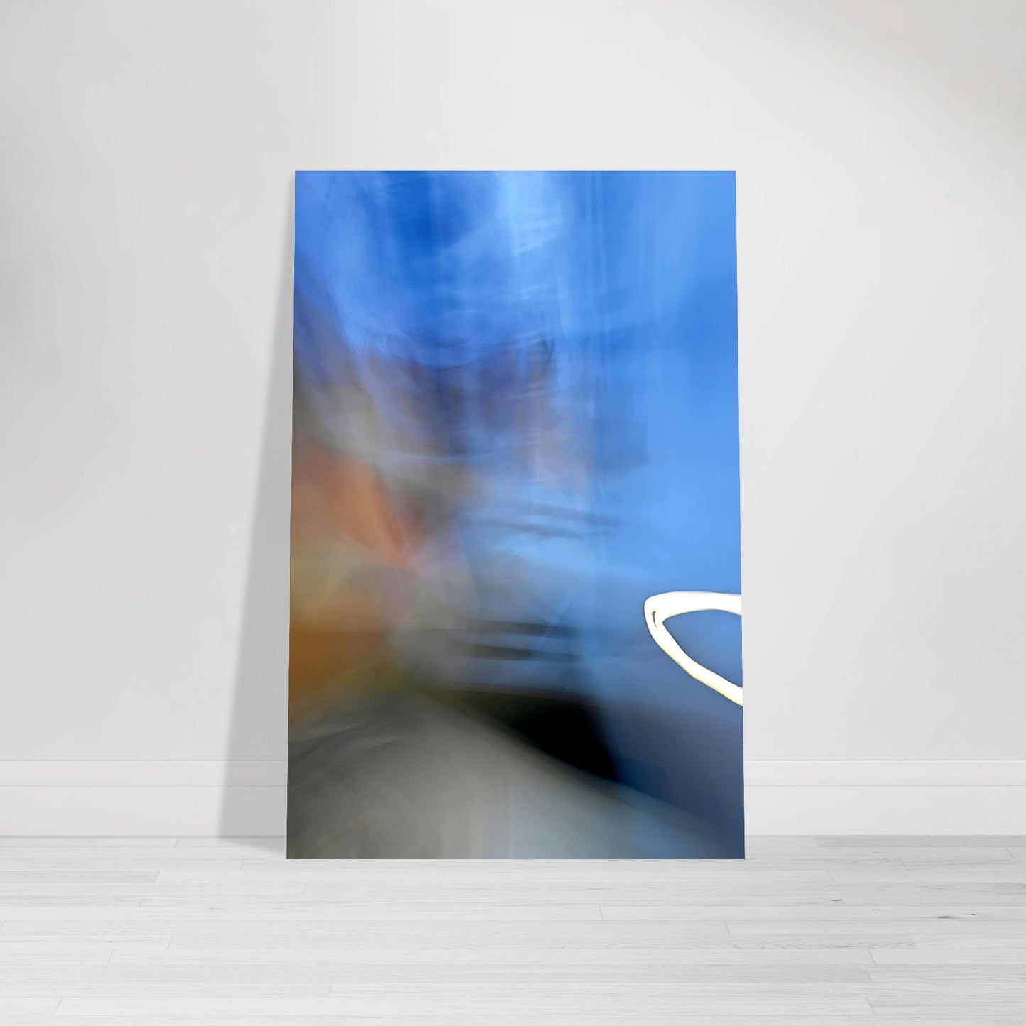 Abstract Photographic Print showcasing mesmerizing swirls of vibrant colors resembling a cosmic dance in colors of orange, black, gray and shades of blue by Allison Cartwright of Found Art Studio